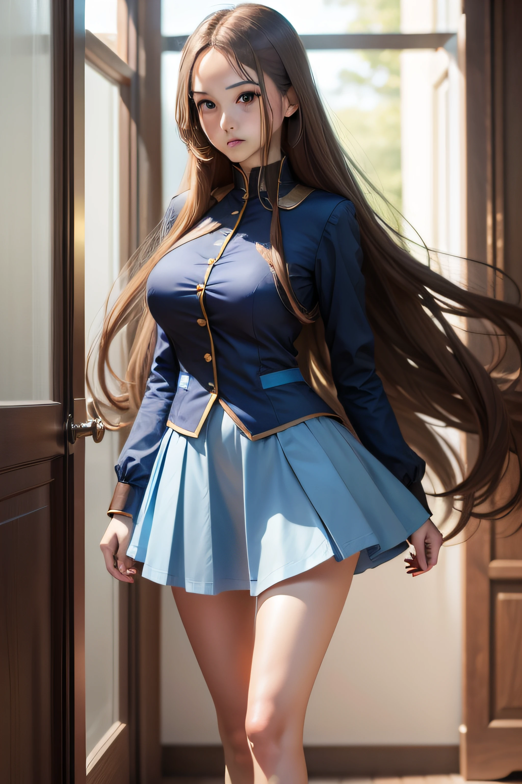 Female, standing, long hair, brown hair, melon face, thin, long legs, blue eyes, big breasts, blue mid-skirt