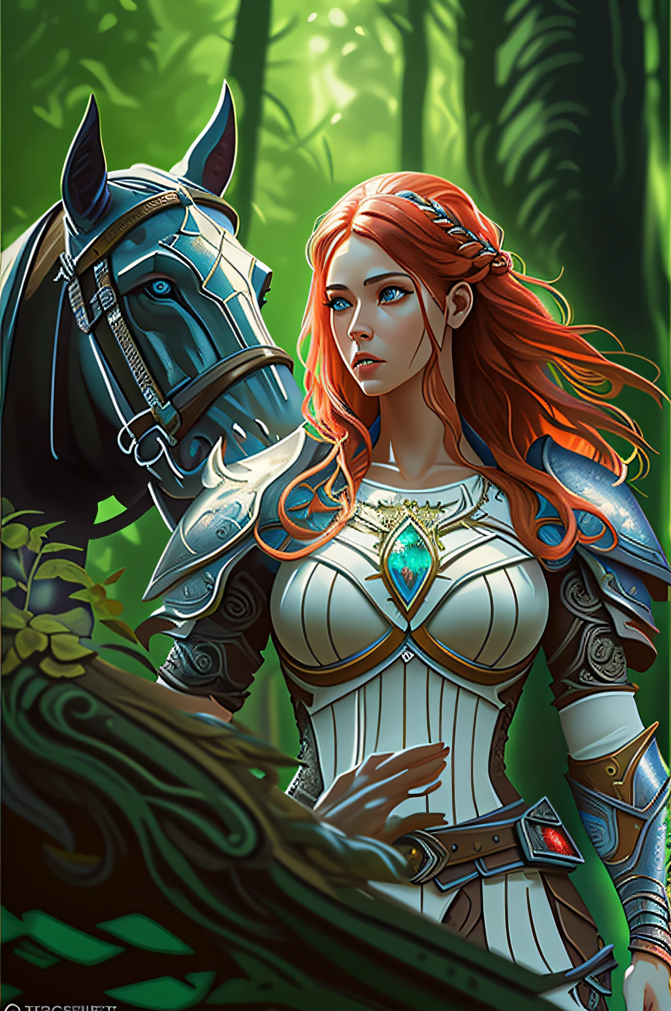 a picture of woman paladin of nature protecting the forest, a woman holy knight, protector of nature, red hair, long hair, full body (best details, Masterpiece, best quality :1.5), ultra detailed face (best details, Masterpiece, best quality :1.5), ultra feminine (best details, Masterpiece, best quality :1.5), red hair, long hair, braided hair, pale skin, blue eyes, intense eyes, wearying heavy armor, white armor (best details, Masterpiece, best quality :1.5), green cloak, armed with a sword, glowing sword, fantasy forest background, D&D art, RPG art, magical atmosphere magic-fantasy-forest, ultra best realistic, best details, best quality, 16k, [ultra detailed], masterpiece, best quality, (extremely detailed), ultra wide shot, photorealism, depth of field, hyper realistic painting