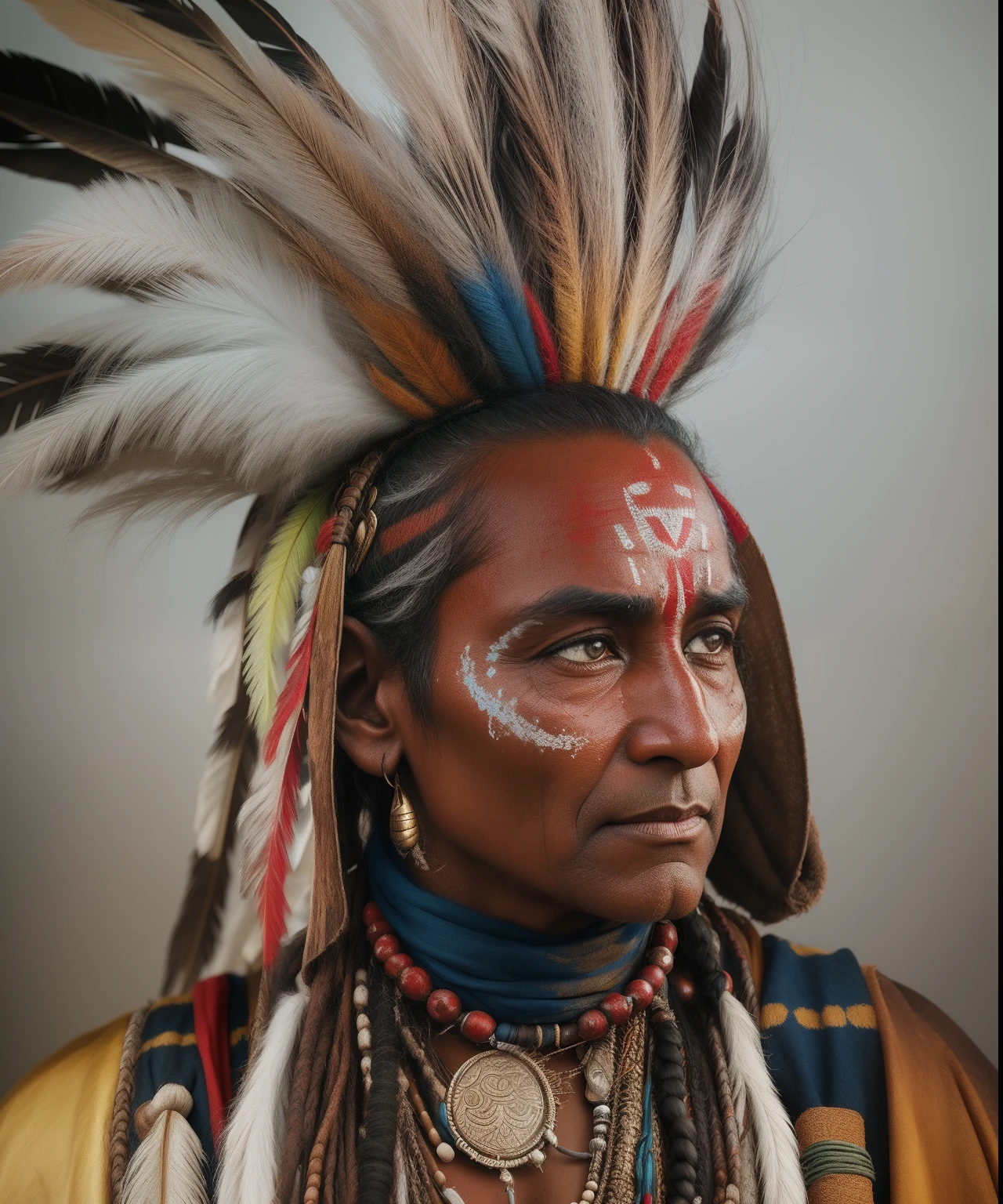 Image of a shaman
Indian shaman, pele bronzeada, Extremely long black hair messes up over bare chests, enorme cocar de penas de papagaio azul de arara, olhos negros brilhantes, Face with indigenous paint in red and blue colors lean and muscular body, corpo inteiro, cabelo preto longo, several necklaces on the neck , with arms crossed, subindo de um rio ((up to, pequeno)), fotografiarrealista, fotografia, obra-prima, realista, Realismo, renderizado, Alto contraste, digital art photographyrealistic trend in Artstation 8k HD high definition detailed realistic, detalhado, textura da pele, hiper detalhado, textura de pele realista, armadura, melhor qualidade, ultra high-resolution, (fotografiarrealista: 1.4), alta resolução, detalhado, Calado bruto, sharp re, por lee jeffries Nikon D850 Filme Fotografia de Stock 4 Kodak Portra 400 Lente F1.6 Rich Colors Realistic Texture Dramatic Texture Dramatic Lighting Irrealengine Trend on Artstation Cinestill 800