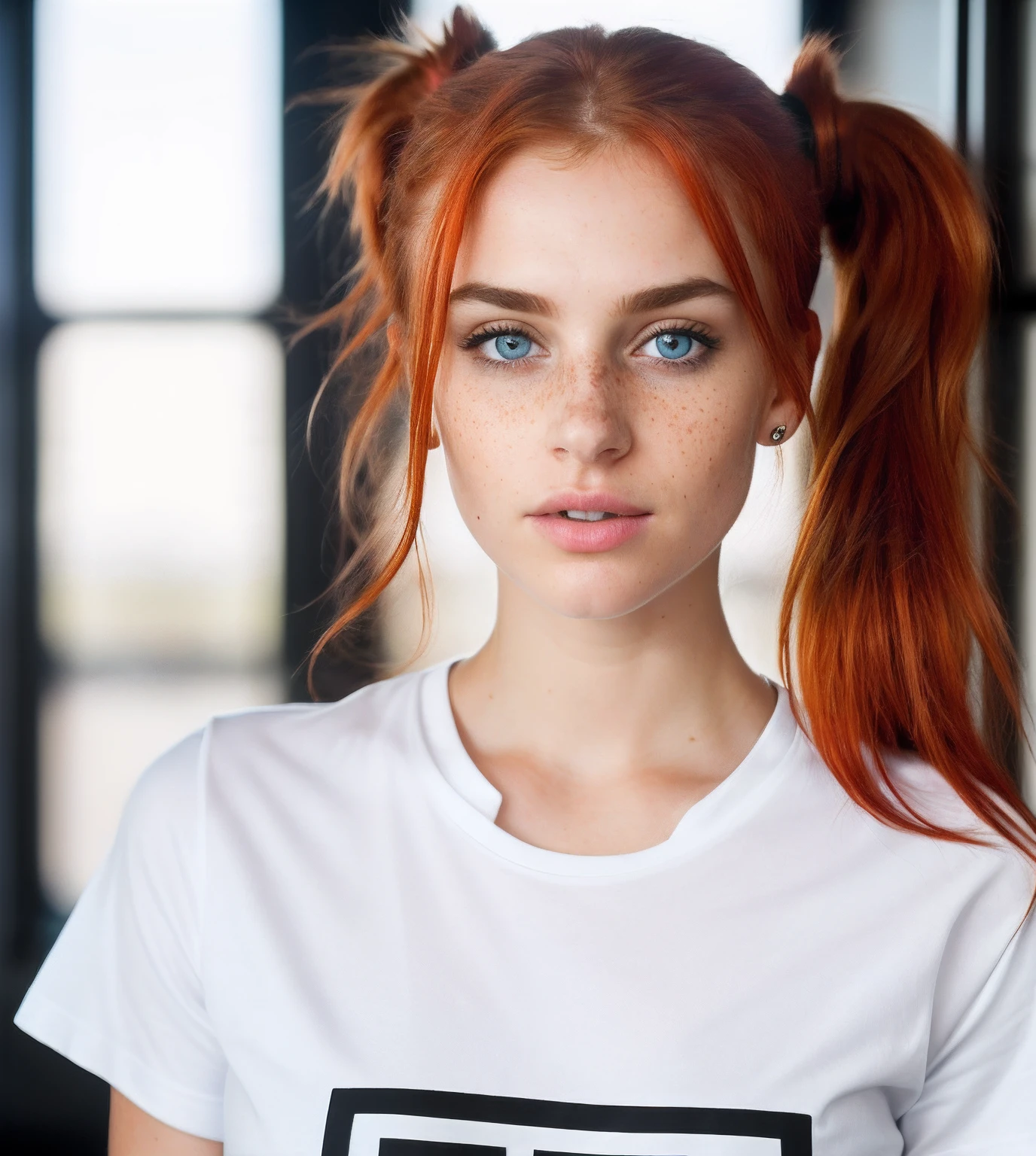 photo,8k,sharp focus,beautiful woman,full body,t-shirt,(detailed eyes:0.8),(looking at the camera:1.4),(highest quality),(best shadow),blue eyes,rim lighting,two tone lighting,dimly lit,low key,intricate details,interior,ponytails,red hair:1.3,open mouth:0.7,freckles