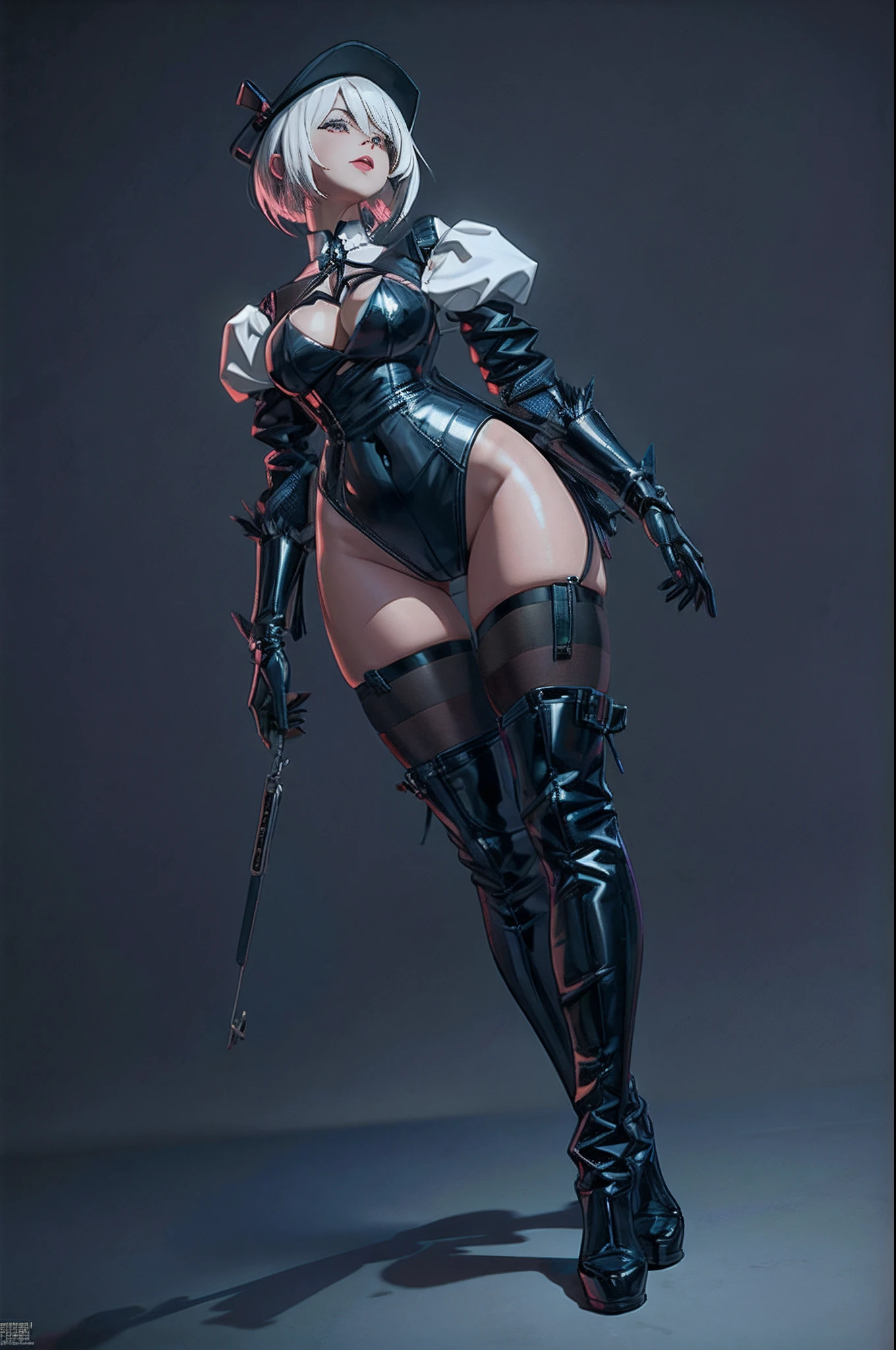 Hay una mujer con un traje de cuero negro posando para una foto, 2 b, 2b, CGsociety de cuerpo completo, 3D render character art 8 k, por Russell Dongjun Lu, Rendido divino, NEGAR : automata inspired, NEGAR:automata inspired, 2b NEGAR automata, CGsociety 9, Arte conceptual digital suave,((Obra maestra)),((La mejor calidad)),((Ultra detallado)),(8k),((papel tapiz)),((CG extremadamente detallado)),(Foto RAW:1.2),Beautiful,ojos perfectos, ojos detallados,ojos bonitos,sonrisa lasciva,dominatrix