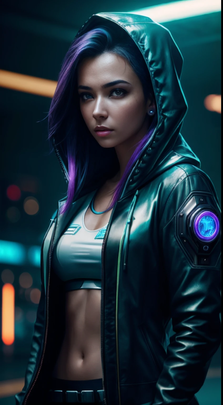 cyberpunk portrait photography, beautiful young woman looking off camera in glowing futuristic hood jacket, super realistic face, eyes visible through hair, proper eye position, natural skin, soft light, rim light, hips, in road side, detailed background, intricate, full body shot, highly detail, octane render, HD, 8k, by Annie Leibovitz,120mm