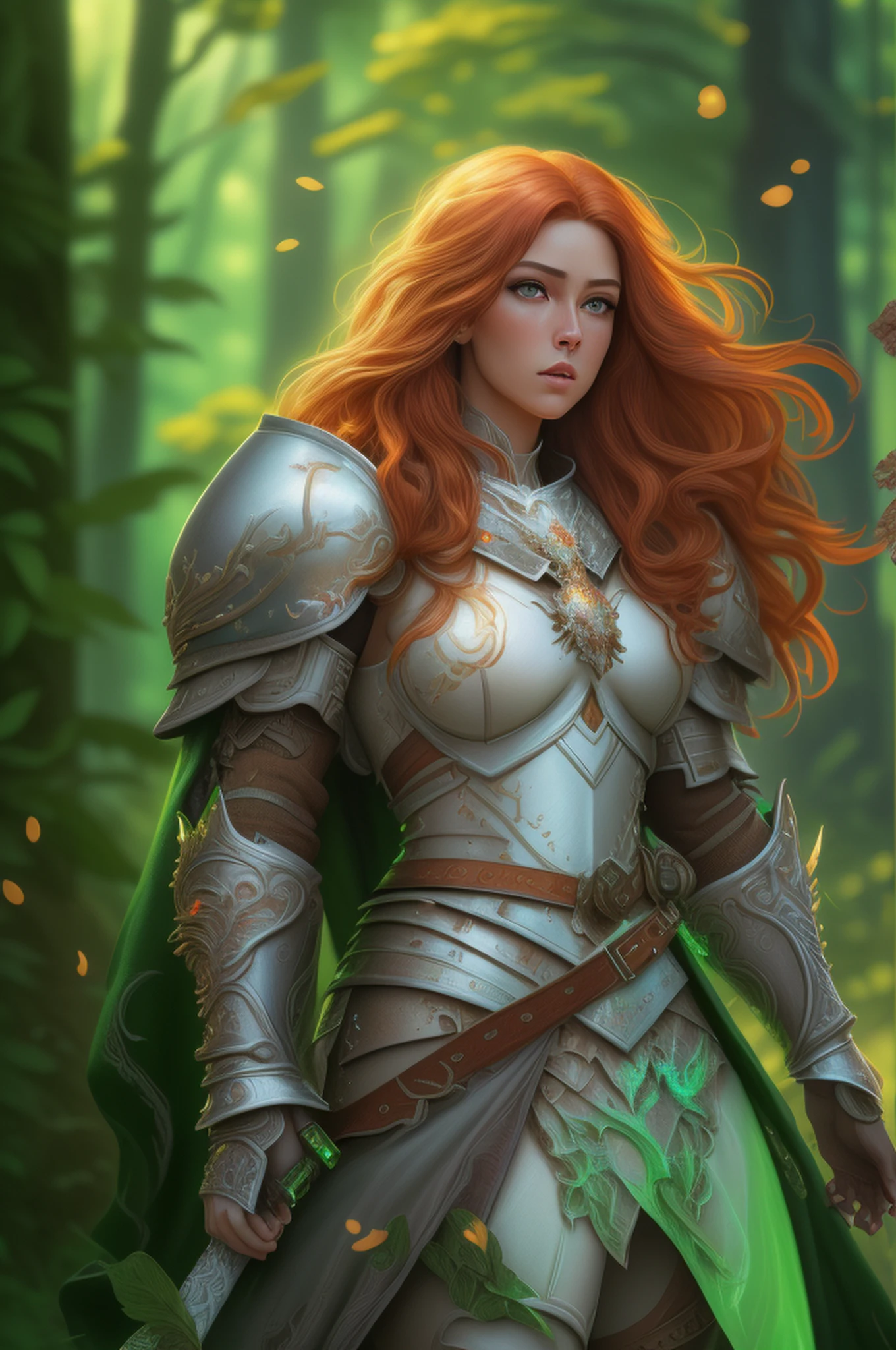 a picture of woman paladin of nature protecting the forest, controlling magical plants, tanjoreai, a woman holy knight, protector of nature, red hair, long hair, full body (best details, Masterpiece, best quality :1.5), ultra detailed face (best details, Masterpiece, best quality :1.5), ultra feminine (best details, Masterpiece, best quality :1.5), red hair, long hair, braided hair, pale skin, blue eyes, intense eyes, wearying heavy armor, white armor (best details, Masterpiece, best quality :1.5), green cloak, flowing cloak, armed with a sword, glowing sword fantasysword sword, fantasy forest background, D&D art, RPG art, magical atmosphere magic-fantasy-forest, ultra best realistic, best details, best quality, 16k, [ultra detailed], masterpiece, best quality, (extremely detailed), ultra wide shot, photorealism, depth of field, hyper realistic painting, 3D rendering
