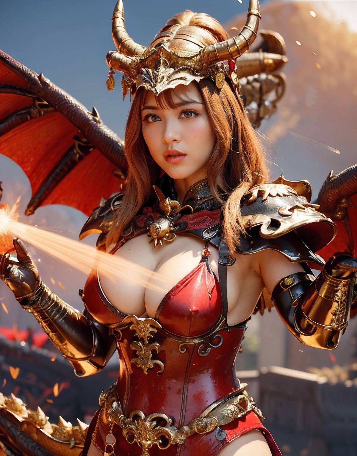 Professional , masterpiece、top-quality、photos realistic , depth of fields 、(Dragon Red Metal Body:1.9),(Enamel Red、(cleavage of the breast)、Dragon Gold Weapon、(Red Micro Bikini Armor:1.4),Gorgeous gold weapons ,(Demon Beast),(( Dragon's dense and gorgeous sword)) , (demonic wings)、((a blond))、(Castle background)、((Gangle's forest background))、((Fight dragons))、Beautiful Caucasian beauty、1a person、dynamic ungle,(((Detailed and ornate dragon helmet)))、Smaller head、A smile、Castle background、Thin and beautiful female hands、cleavage of the breast、Soldier in iron armor on background、Mystical expression、Light Effects、intense fighting、Wind-effect、magic circles、With the legendary magic wand、Dragon's tail、explosions、Anatomically correct body、