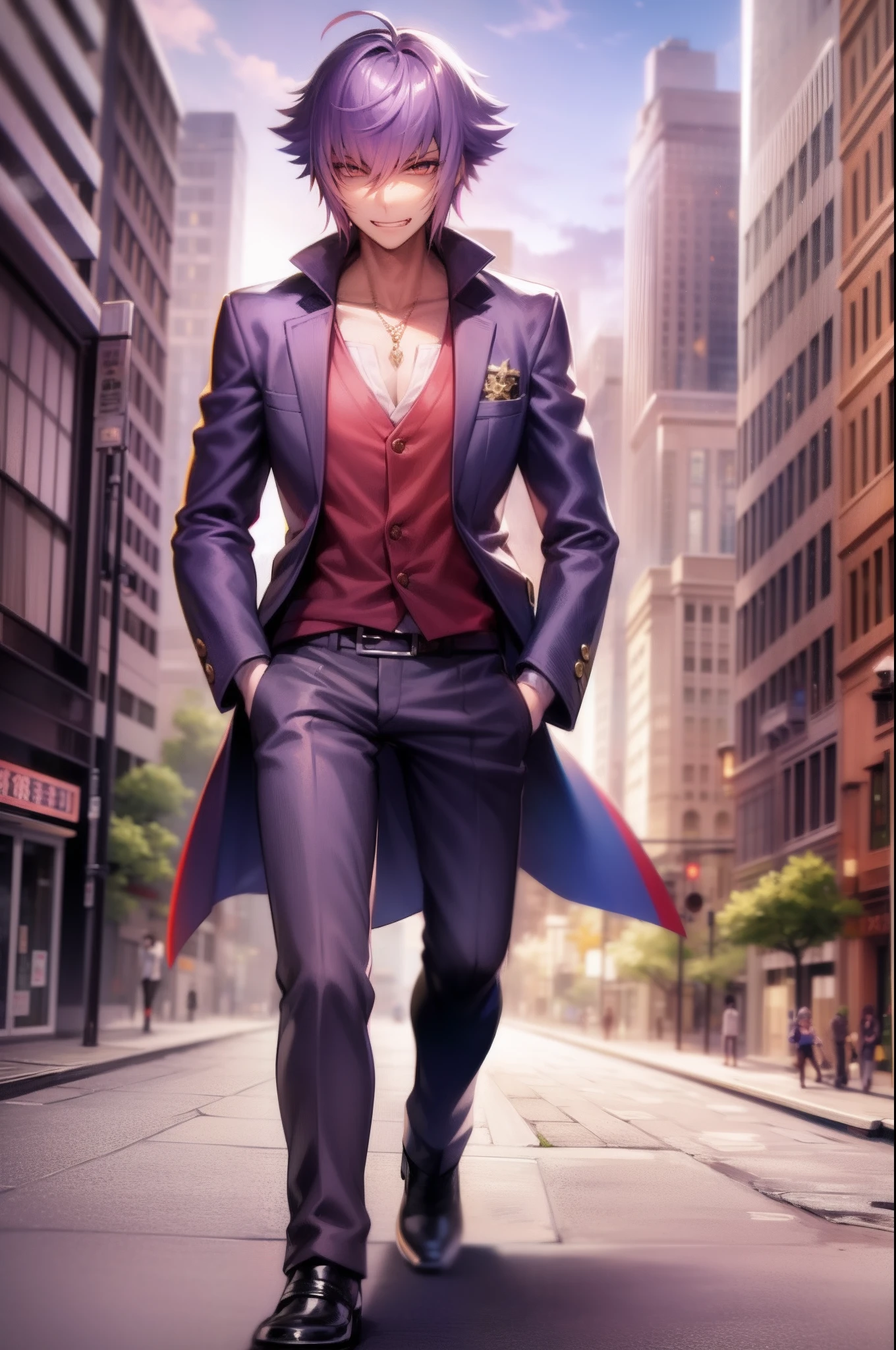 mirokujiyuuya, yanke, short hair, purple hair, ,, vest, pants, ,, pullover, coat, smug, standing, solo focus, full body, walking, city, one character,, 1boy, glass, smug, arrogant,mid muscular