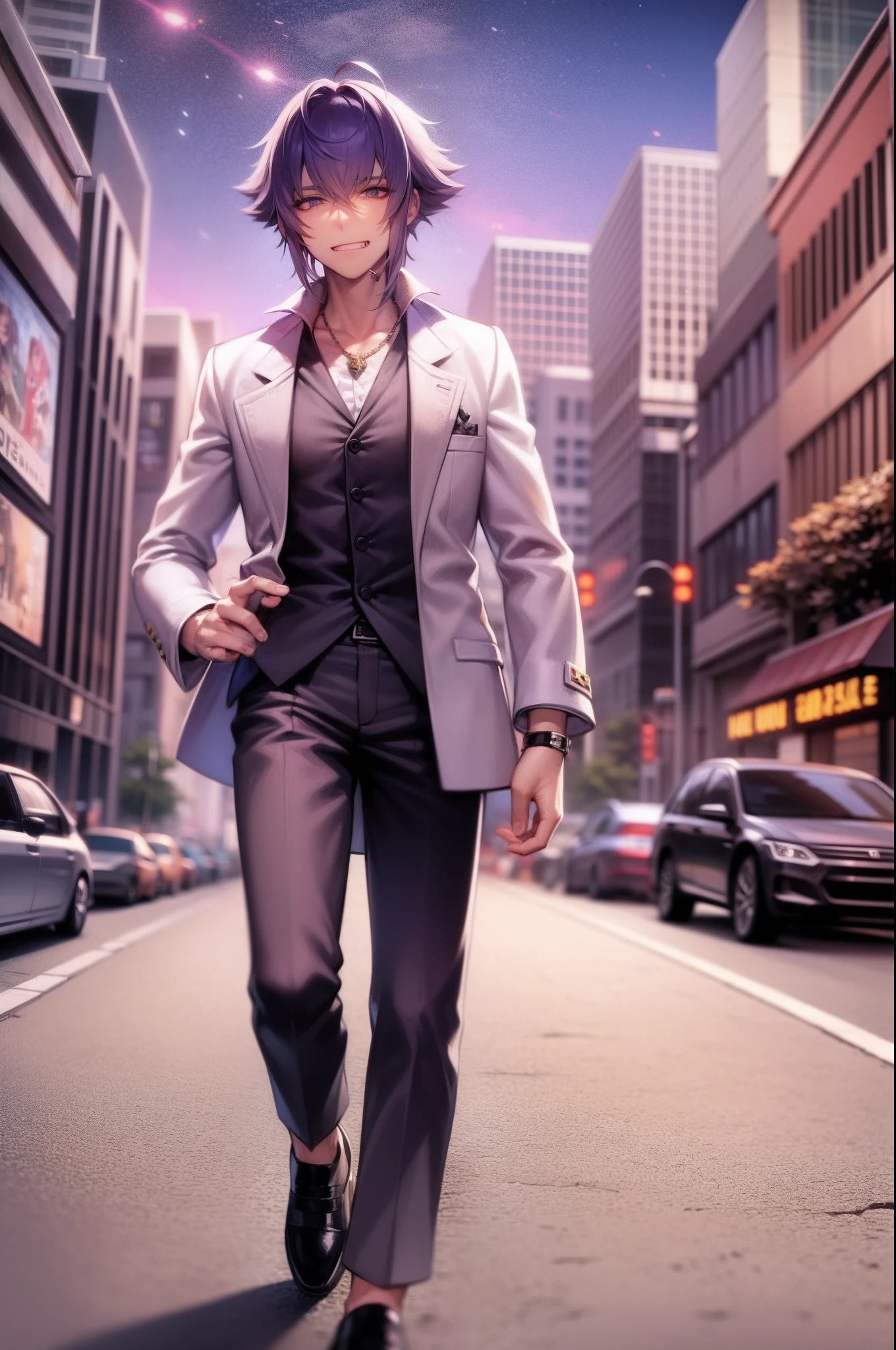 mirokujiyuuya, yanke, short hair, purple hair, ,, vest, pants, ,, pullover, coat, smug, standing, solo focus, full body, walking, city, one character,, 1boy, glass, smug, arrogant,mid muscular