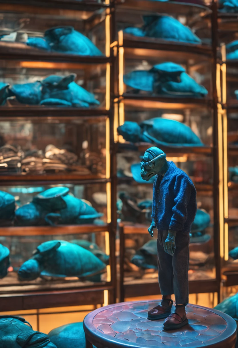 A blue turtle with leather shoes and prescription glasses