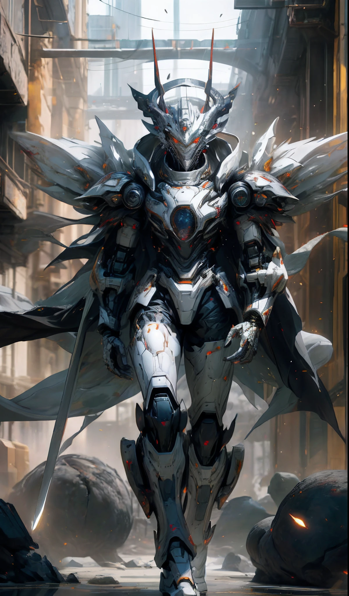 Silvertone,black in color,golden colored,True dragons,Silver-White Emperor((tmasterpiece)), (best qualtiy)), 8K, high detal, ultra - detailed, Extremely detailed CG unified 8K wallpapers, 1 Mech Boy,(Solo exhibition:1.2), {White bones|Silver refining|Blood Demon|Phantom Dragon|Thunder} Armour, sci-fy, karo, conflict, The film is spectacular, (arma:1), full armour, (Floating color{ventania|Thunder magic|ink|crystal|firey|icey|firey焰|salama|rete|Rochas|Sand|Particle|spark of light|Blood}:1.2)
