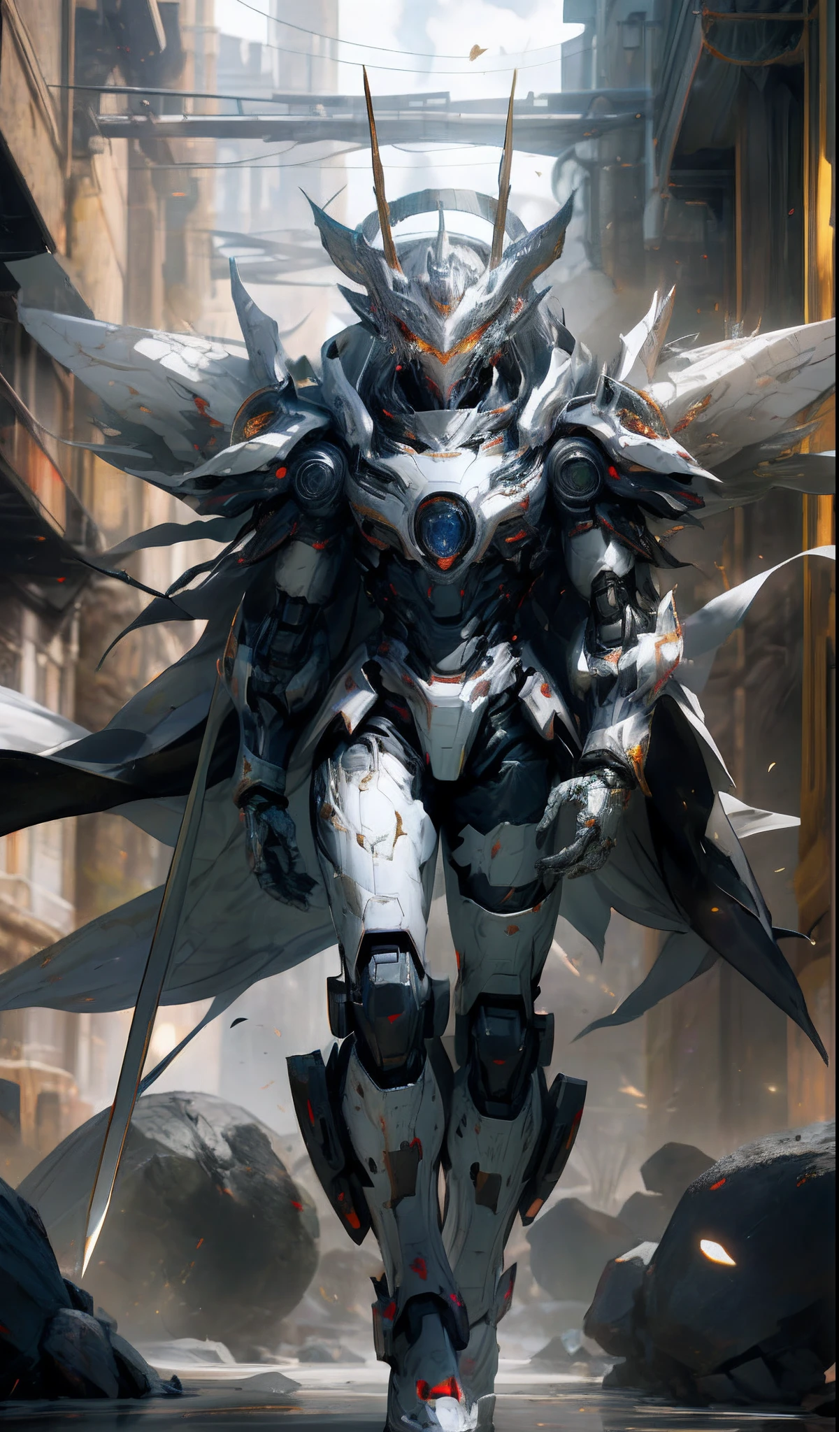 Silvertone，black in color，golden colored，True dragons，Silver-White Emperor（（tmasterpiece））， （best qualtiy））， 8K， high detal， ultra - detailed， Extremely detailed CG unified 8K wallpapers， 1 Mech Boy，（Solo exhibition：1.2）， {White bones|Silver refining|Blood Demon|Phantom Dragon|Thunder} Armour， sci-fy， karo， conflict， The film is spectacular， （arma：1）， full armour， （Floating color{ventania|Thunder magic|ink|crystal|firey|icey|firey焰|salama|rete|Rochas|Sand|Particle|spark of light|Blood}：1.2）