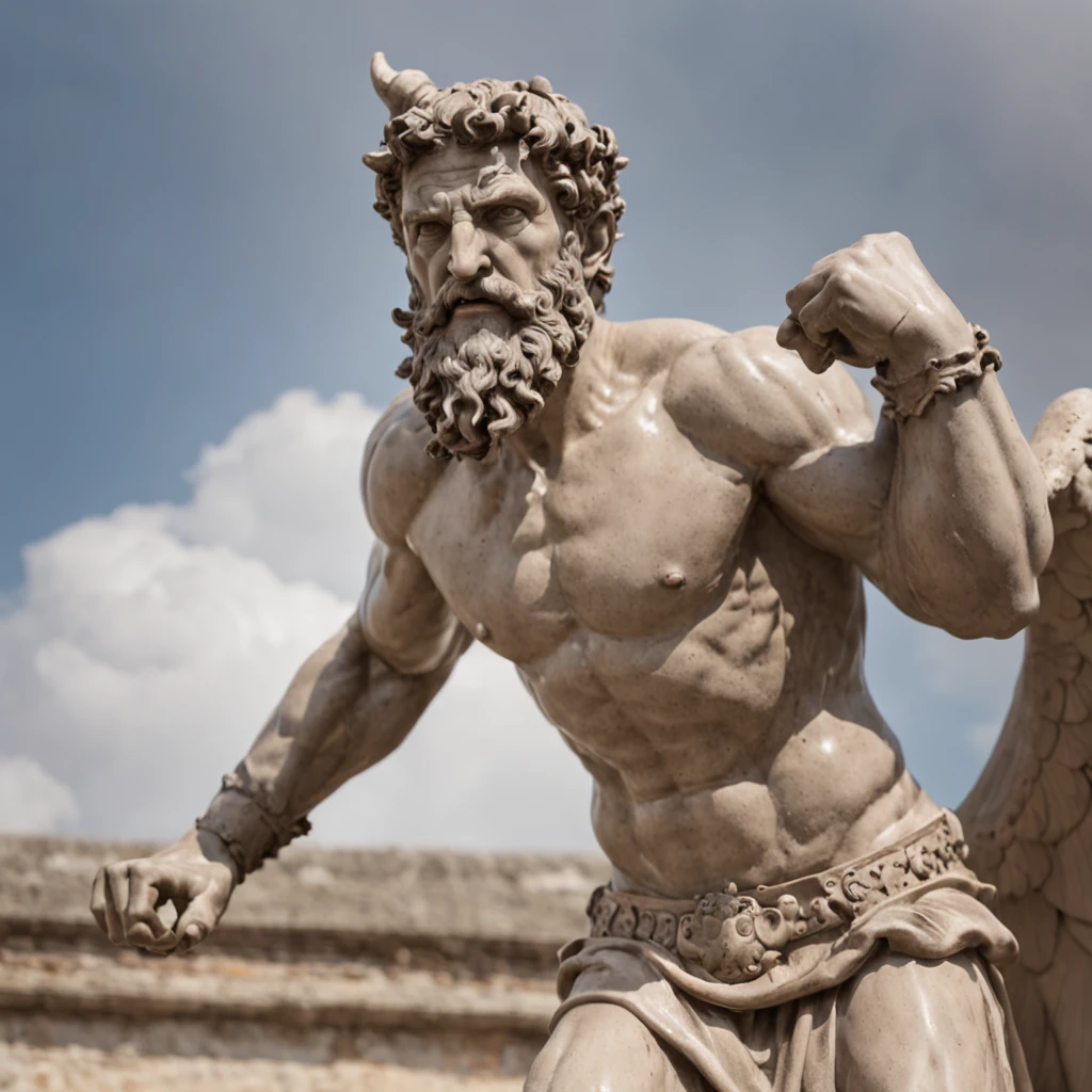 Create a stunning representation of a stoic statue in the style of Marcus Aurelius, like a boxer, facing off against a horned demon. The statue of Marcus Aurelius must be imposing, with a determined facial expression and a muscular body, conveying strength and inner power. The horned demon should be depicted as a menacing figure with a fierce expression and imposing horns. Put the two characters in a confrontational pose, as if they are about to fight, with the stoic Marcus Aurelius bravely facing the demon. This image should capture the idea of facing life's challenges with resilience and determination, even when faced with adversity. Make sure the image is suitable for use in a context that illustrates the power of stoicism and fighting against adversity.