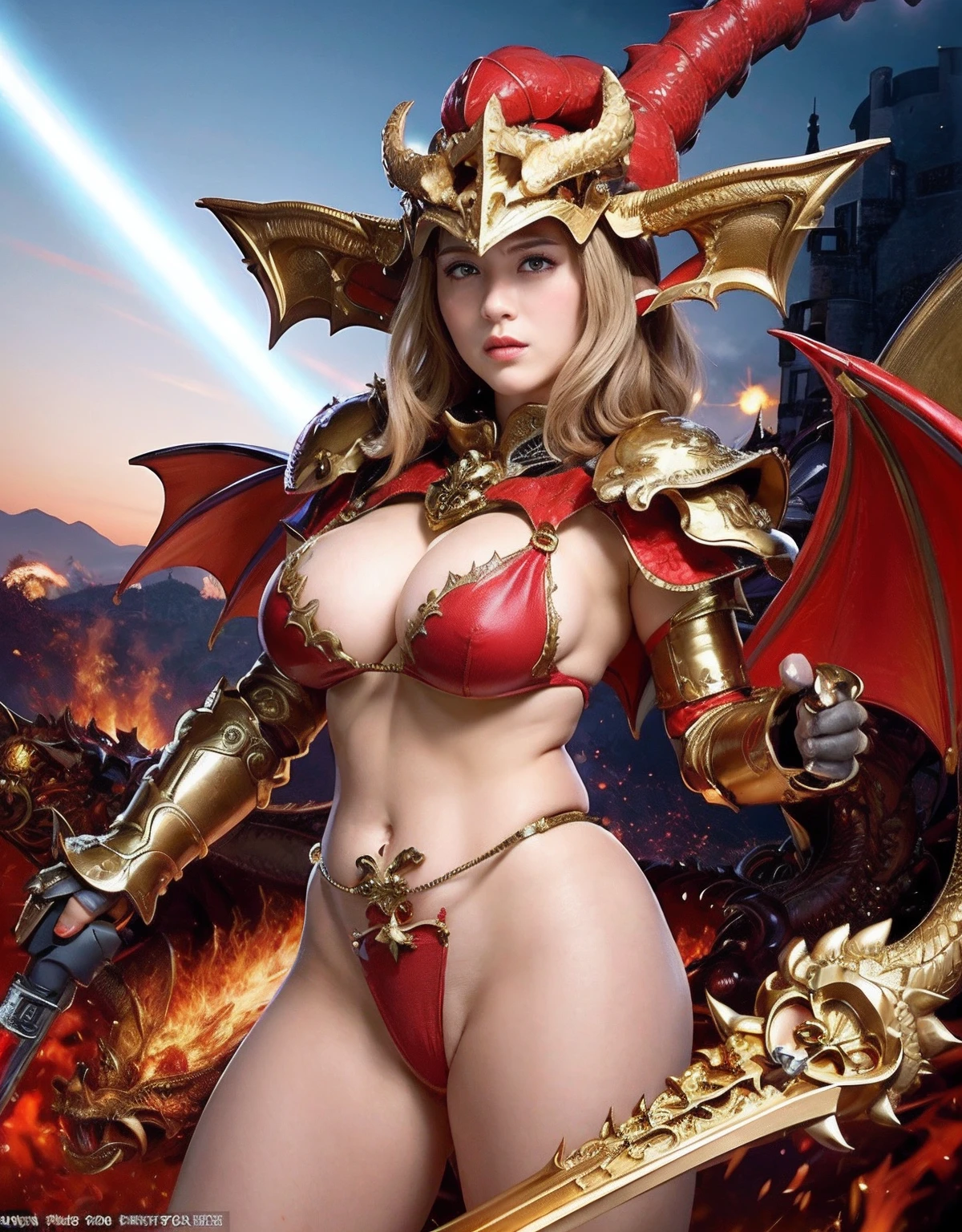 Professional , masterpiece、top-quality、photos realistic , depth of fields 、(Dragon Red Metal Body:1.9),(Enamel Red、(cleavage of the breast)、Dragon Gold Weapon、(Red Micro Bikini Armor:1.4),Gorgeous gold weapons ,(Demon Beast),(( Dragon's dense and gorgeous sword)) , (demonic wings)、((a blond))、(Castle background)、((Gangle's forest background))、((Fight dragons))、Beautiful Caucasian beauty、1a person、dynamic ungle,(((Detailed and ornate dragon helmet)))、Smaller head、A smile、Castle background、Thin and beautiful female hands、cleavage of the breast、Soldier in iron armor on background、Mystical expression、Light Effects、intense fighting、Wind-effect、magic circles、With the legendary magic wand、Dragon's tail、explosions、Anatomically correct body、