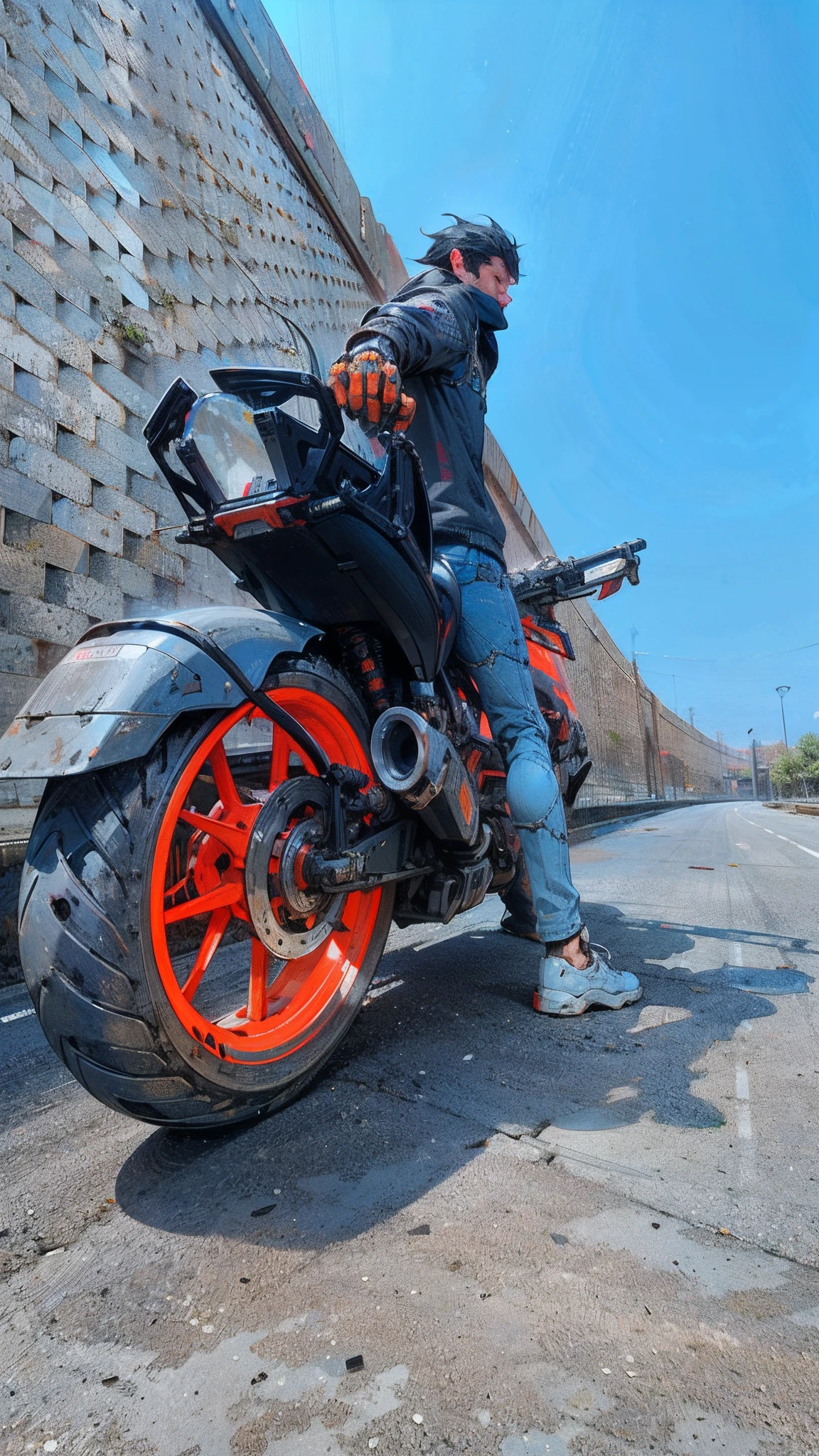 Dark_Fantasy,Cyberpunk,(chain saw,chain saw man,Red:1.1),1man,Mechanical marvel,Robotic presence,Cybernetic guardian, wearing a worn-out mech suit, intricate, (steel metal [rusty]), elegant, clear focus, shot by greg rutkowski, soft lighting, vibrant colors, masterpiece, ((street)), cowboy shot, dynamic pose,