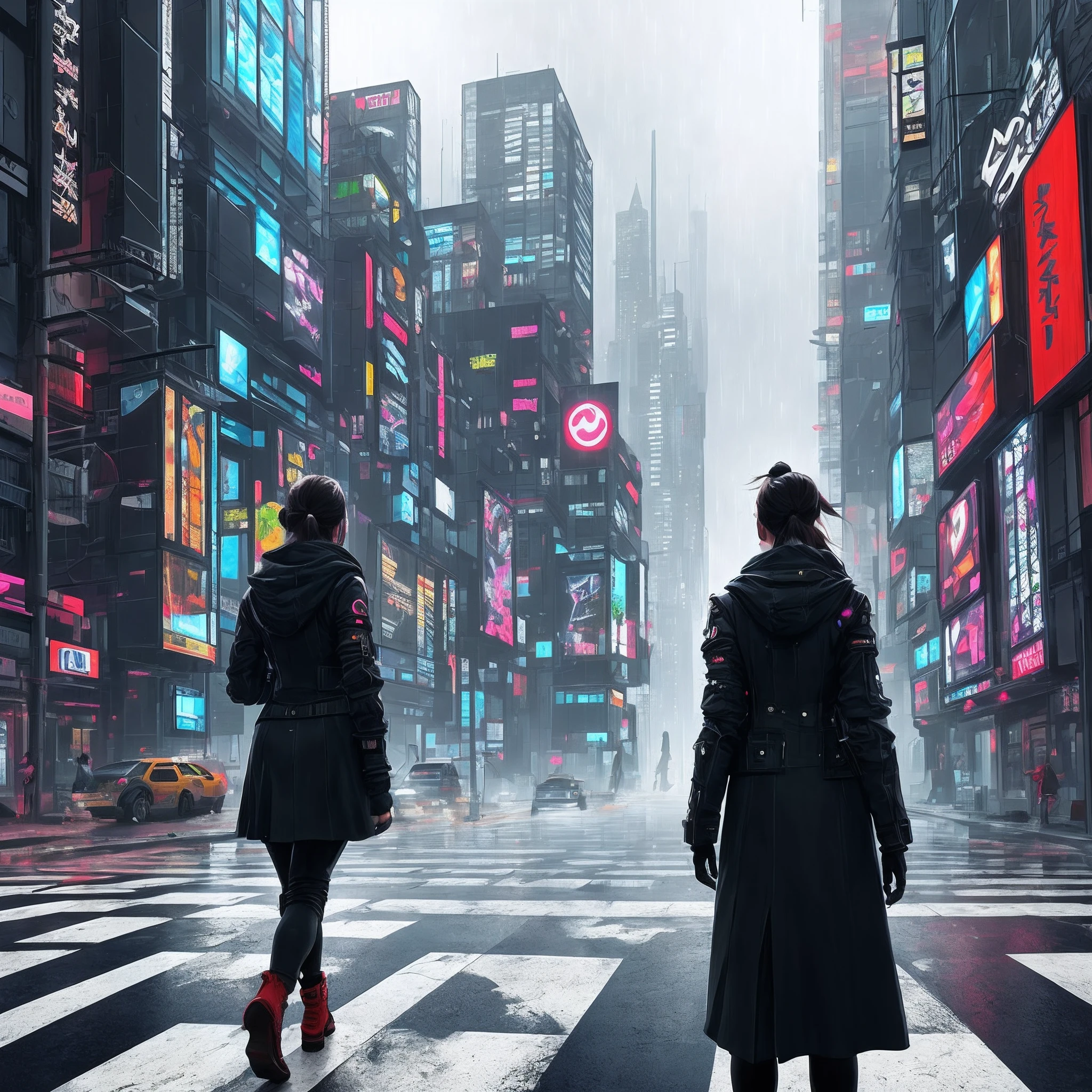 Urban, street buildings, zebra crossing, back view of a girl, landscape view. Cyberpunk art style , raining, refraction