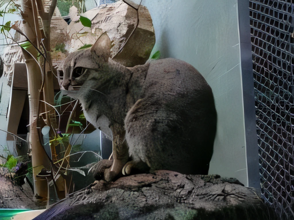 A cat is sitting on a rock next to a tree, tabaxi male, thick tail, Sand Cat, tabaxi, Gray mottled skin, Domestic caracal, Bushy tail, thick fluffy tail, margay, Perched on a rock, infp young woman, Filmed at the zoo, a picture」, a handsome