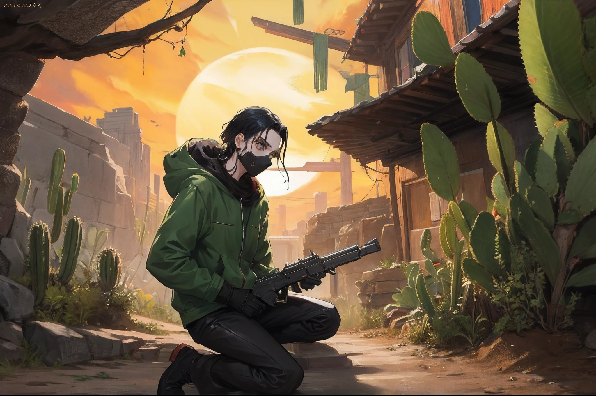 Bandido com mascara de caveira e uma pistola estilo anime, Anime-style desert scenery, com cactos