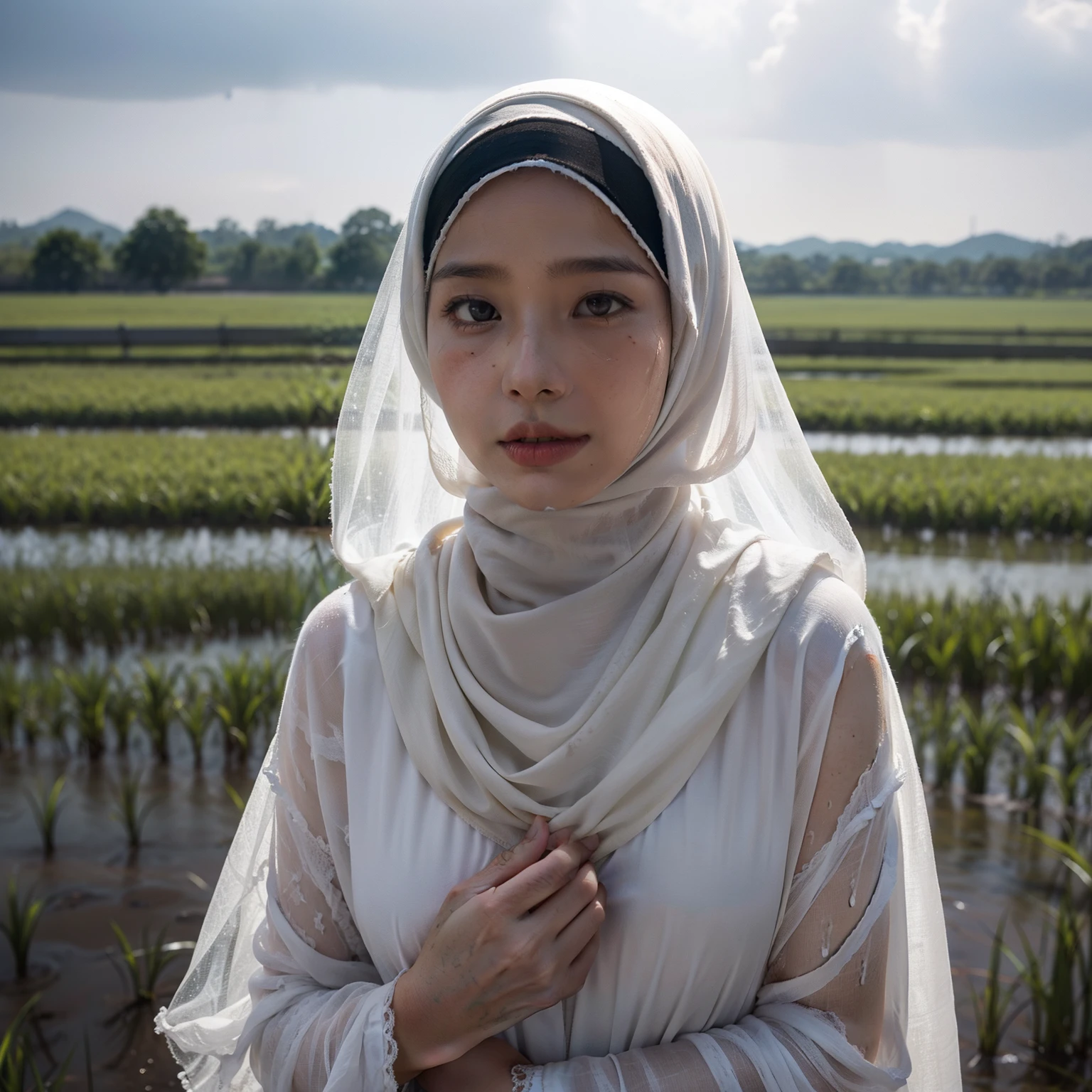 hazy light and shadow, aestheticism, melancholic film, (cloudy), 1 malay girl with hijab, white hijab, emotional depth, Torn lingerie、Muddy and lying in the middle of a rice field、Sadness face, Skin full of abrasions、Realistic dirty skin texture、mud、Covered in mud、Sunburned skin、poverty、happy life
