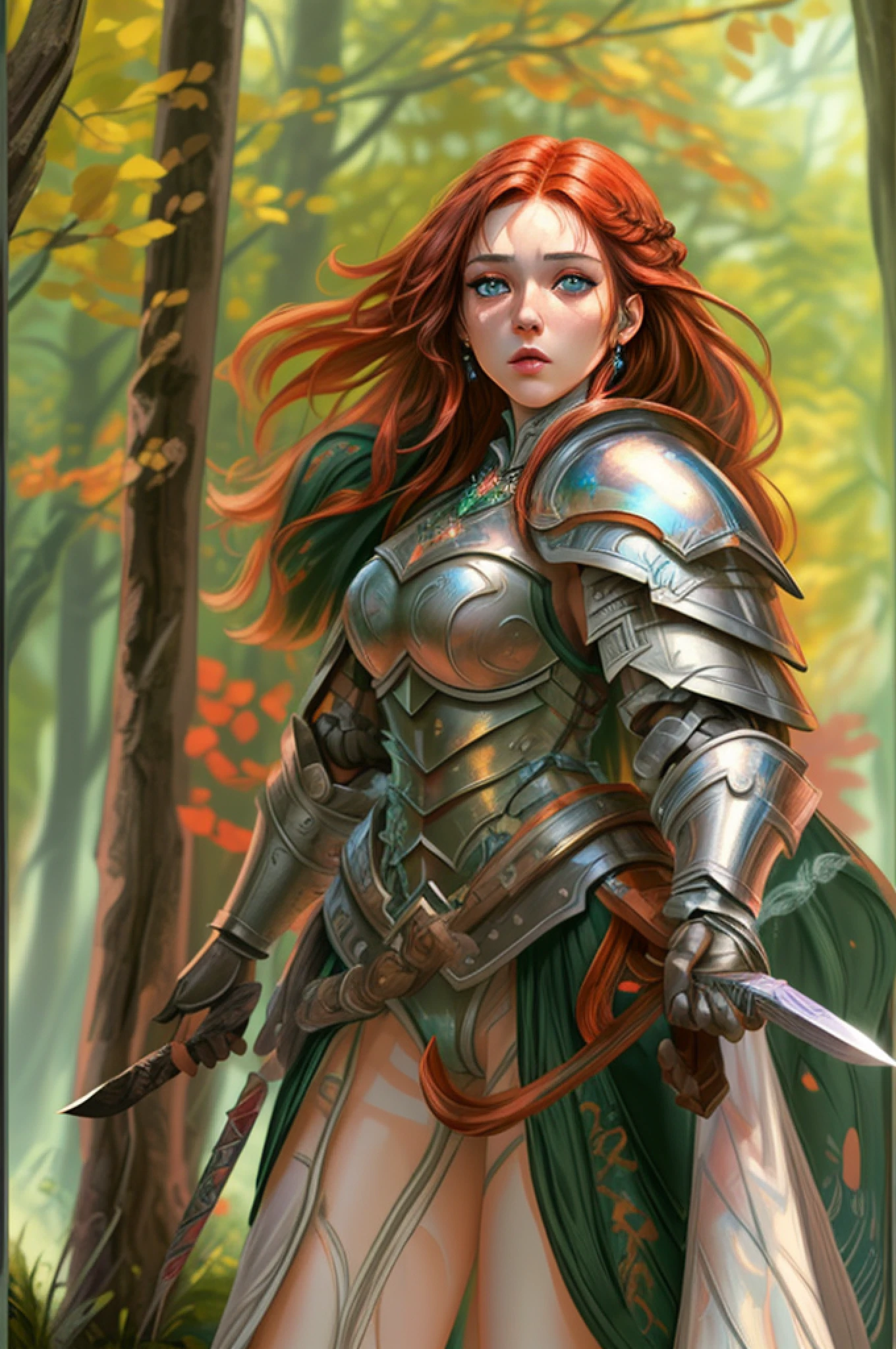 a picture of woman paladin of nature protecting the forest, a woman holy knight, protector of nature, red hair, long hair, full body (best details, Masterpiece, best quality :1.5), ultra detailed face (best details, Masterpiece, best quality :1.5), ultra feminine (best details, Masterpiece, best quality :1.5), red hair, long hair, braided hair, pale skin, blue eyes, intense eyes, wearying heavy armor, white armor (best details, Masterpiece, best quality :1.5), green cloak, armed with a sword, glowing sword, fantasy forest background, D&D art, RPG art, magical atmosphere magic-fantasy-forest, ultra best realistic, best details, best quality, 16k, [ultra detailed], masterpiece, best quality, (extremely detailed), ultra wide shot, photorealism, depth of field, hyper realistic painting