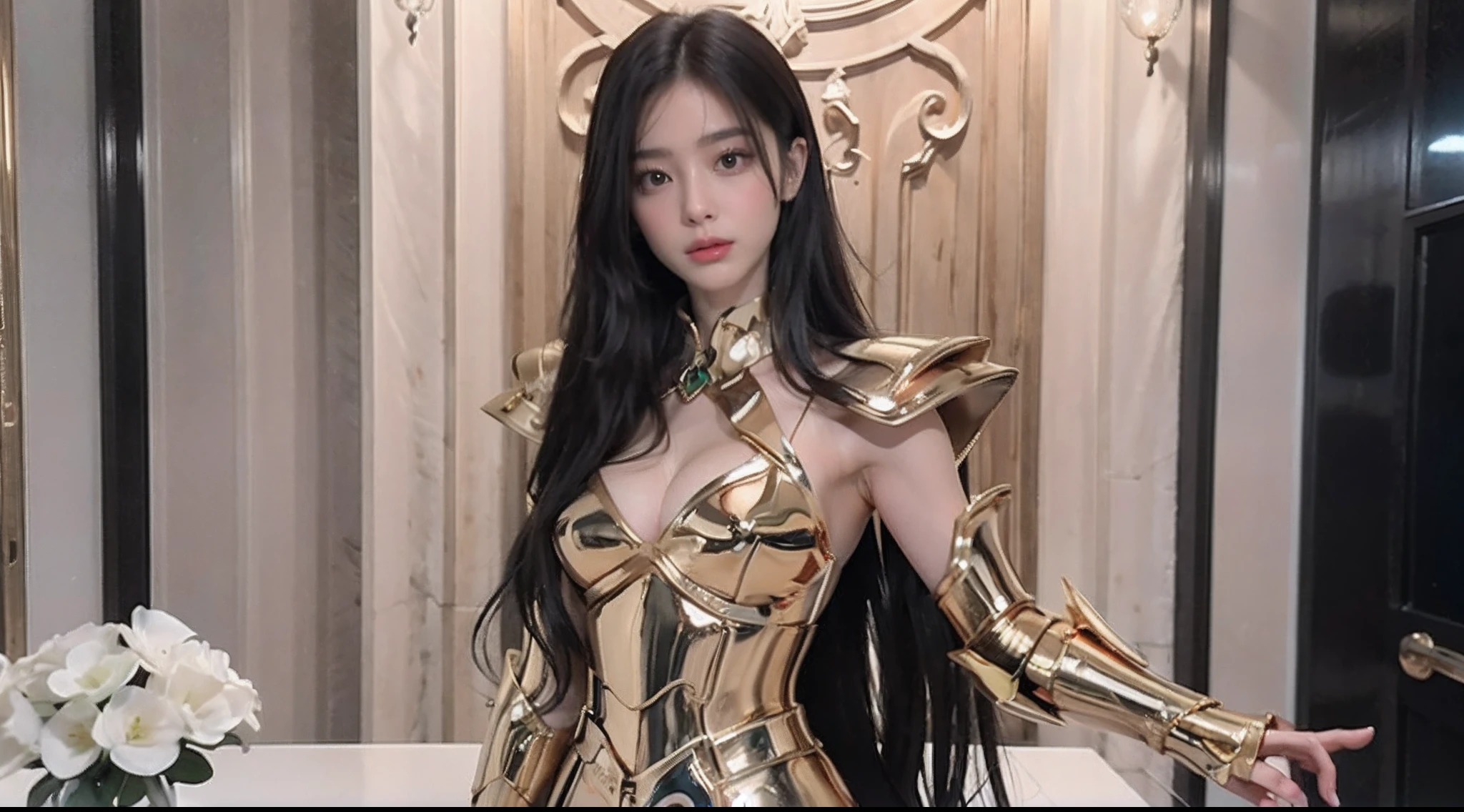 lisa from black pink, black hair, bangs, wearing aries armor from anime saint seiya, gold saint, looking at the audience, standing, beautiful girl, beautiful, slightly smiling expression.