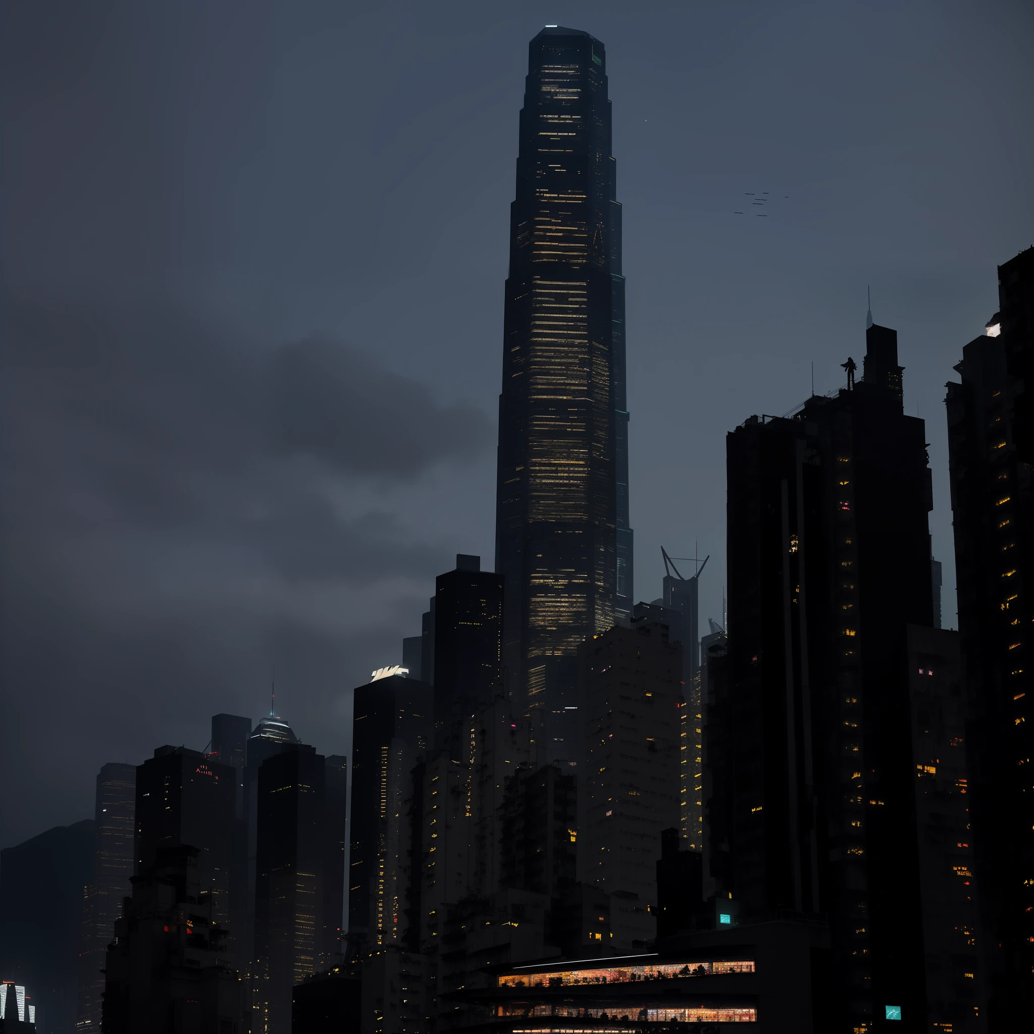 AraFFle view of a city skyline at night with a plane flying in the sky, Gloomy Illumination, F/3.2, gloomy lights in the sky, overcast lighting, Em Hong Kong, dark building, extremely gloomy lighting, Gloomy Illumination!!!, slight cloudy lighting, Hong Kong, F / 2. 2, Tomado com uma Pentax K1000