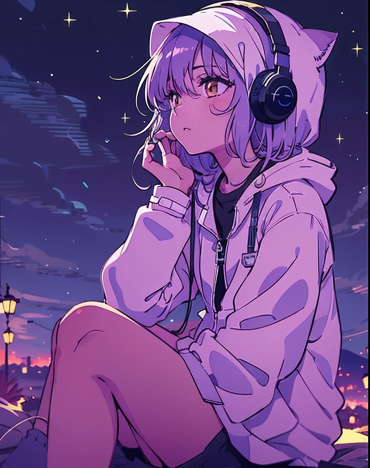 A detailed anime for girls, Wearing a white coat, Wear headband headphones, lofi, tranquil, Quiet atmosphere, Chilling, Looking at the sky in the desert, Night, Quiet night, cat, Masterpiece, Best quality