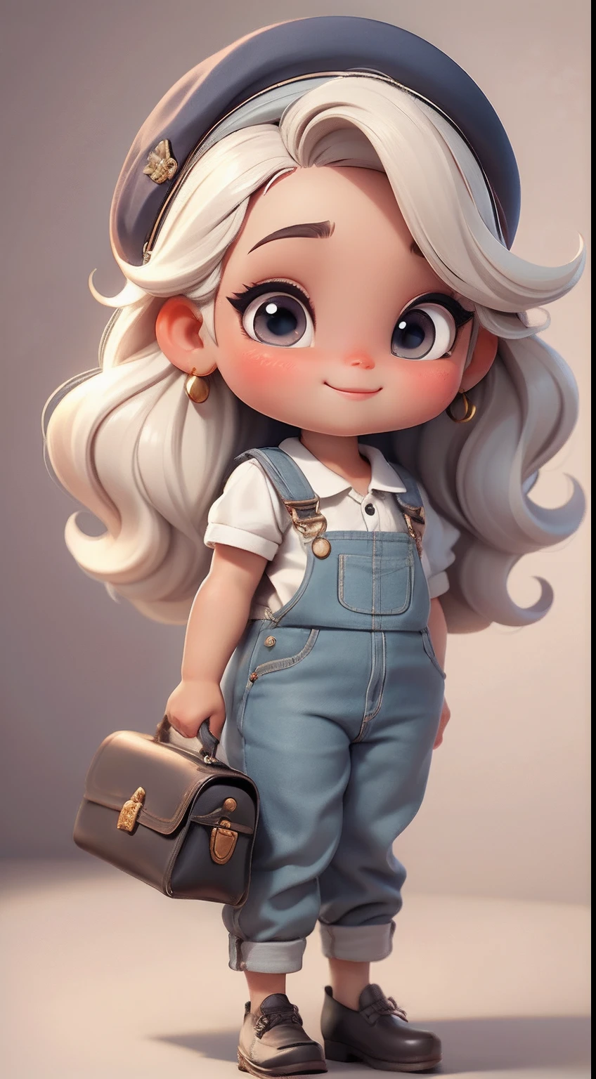 Create a series of cute black  chibi style dolls with a cute travel theme, each with lots of detail and in an 8K resolution. All dolls should follow the same solid background pattern and be complete in the image, mostrando o (corpo inteiro, incluindo as pernas: 1.5)

Boneca Mini viajante: Chame-a de Marina. Ela deve ter cabelo pequeno em tom multicolorido. Seus olhos devem ser grandes e expressivos, with long eyelashes and rosy cheeks. Sorriso delicado e branco. Marina must be dressed in overalls, sun glasses, Uma camisa, Camiseta, trousers and an ornate sailor's hat. She must carry travel accessories and a suitcase. Certifique-se de adicionar detalhes nas roupas, such as buttons and pockets, sapato bonito

Certifique-se de adicionar sombras, texturas e detalhes nos cabelos, roupas, Travel utensils, to make them even more adorable and charming.