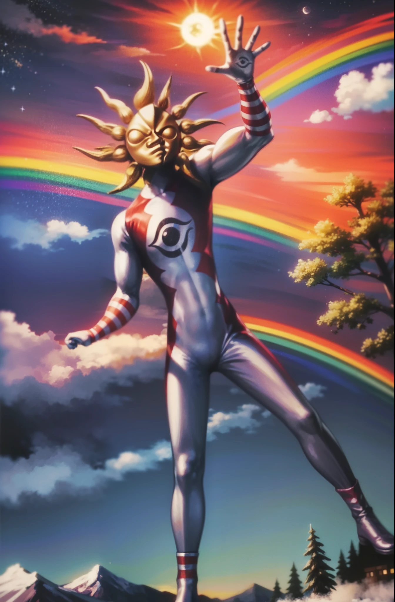 TAROMAN, standing full body, mountain, sun , rainbow, fire light, muscular male, moon water,moon, bara, tree, night sky