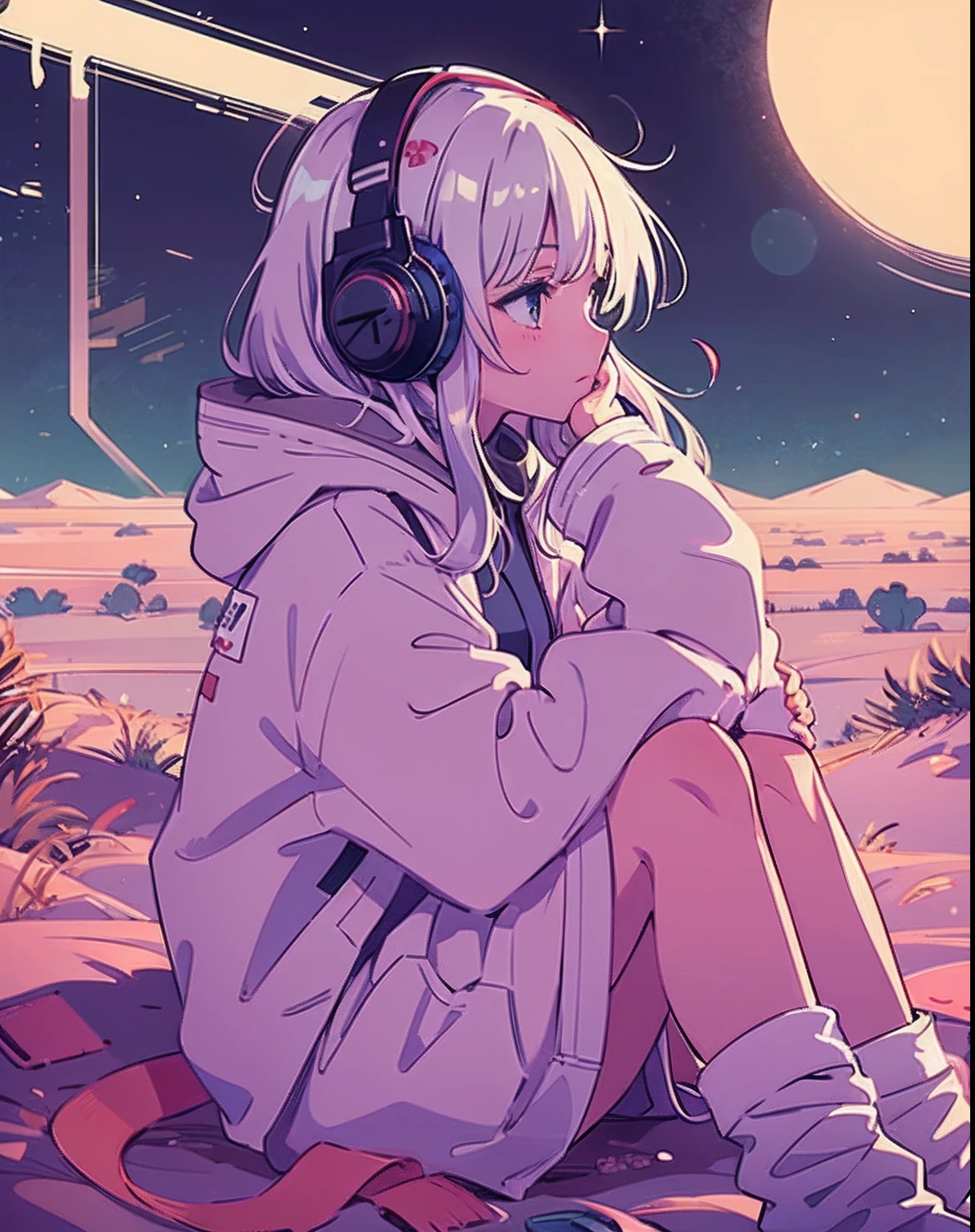 A detailed anime for girls, Wearing a white coat, Wear headband headphones, lofi, tranquil, Quiet atmosphere, Chilling, Looking at the sky in the desert, Night, Quiet night, cat, Masterpiece, Best quality