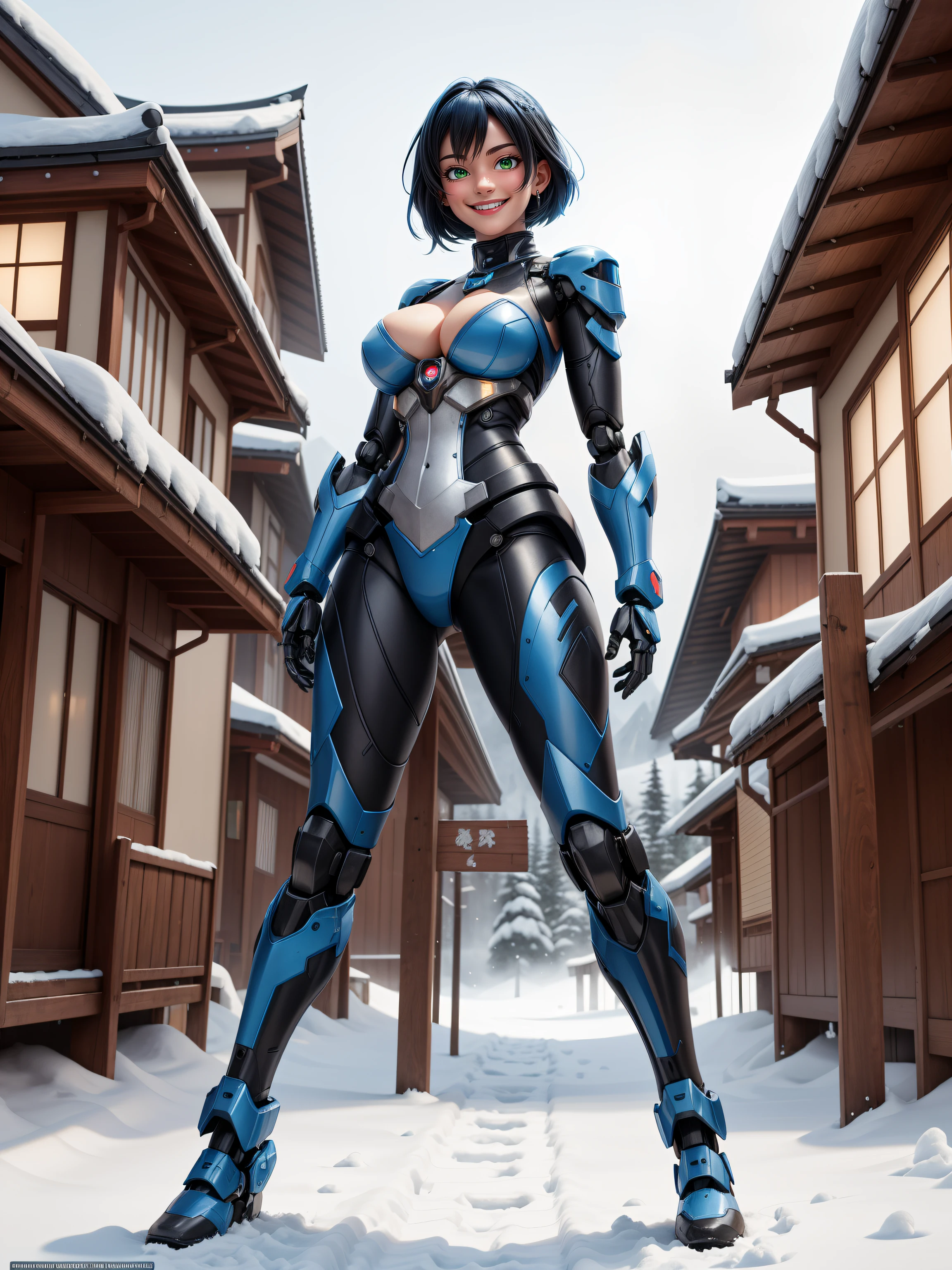 A woman, mecha costume + ninja costume, costume with black with blue parts, gigantic breasts, blue hair, braided hair, short hair, straight hair, hair with bangs in front of the eyes, looking at the viewer, snowy costume, (((pose with interaction and leaning on [something|an object]))), in an ancient Japanese village, with structures, carts, wooden houses, it's snowing hard, it's daytime, ((full body):1.5), 16k, UHD, best possible quality, ultra detailed, best possible resolution, Unreal Engine 5, professional photography, well-detailed fingers, well-detailed hand, perfect_hands, ((robotic mecha style + mortal kombat))