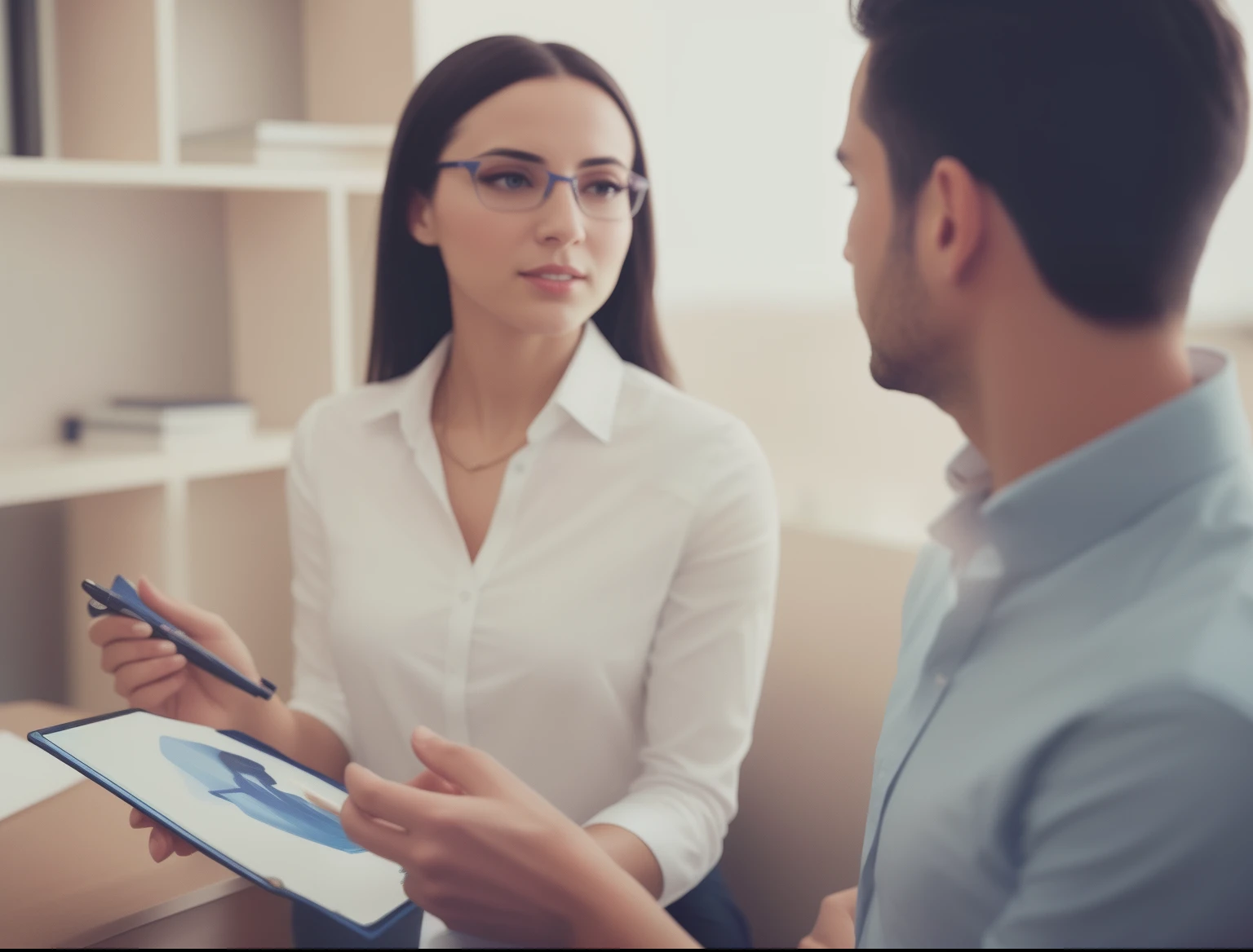Woman talking to man in blue shirt, Giving interviews, Professional image, Ao fundo, The center of the image, high picture quality, great details, on a dark background, Very dynamic, Sleek design, Professional photo, outstanding detail, promotional photo, Unique design, Sale of insurance, instagram post, professionally, artistic interpretation, perfectly
