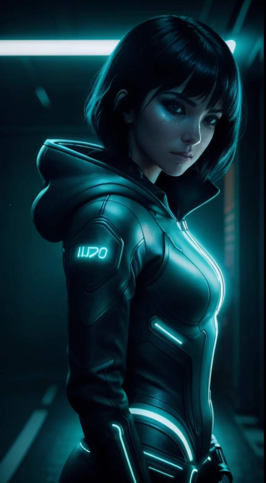 cyberpunk portrait photography, beautiful young woman looking off camera in glowing futuristic hood jacket, super realistic face, proper eye position, natural skin, soft light, rim light, hips, in road side, detailed background, intricate, full body shot, highly detail, octane render, HD, 8k, by Annie Leibovitz,120mm