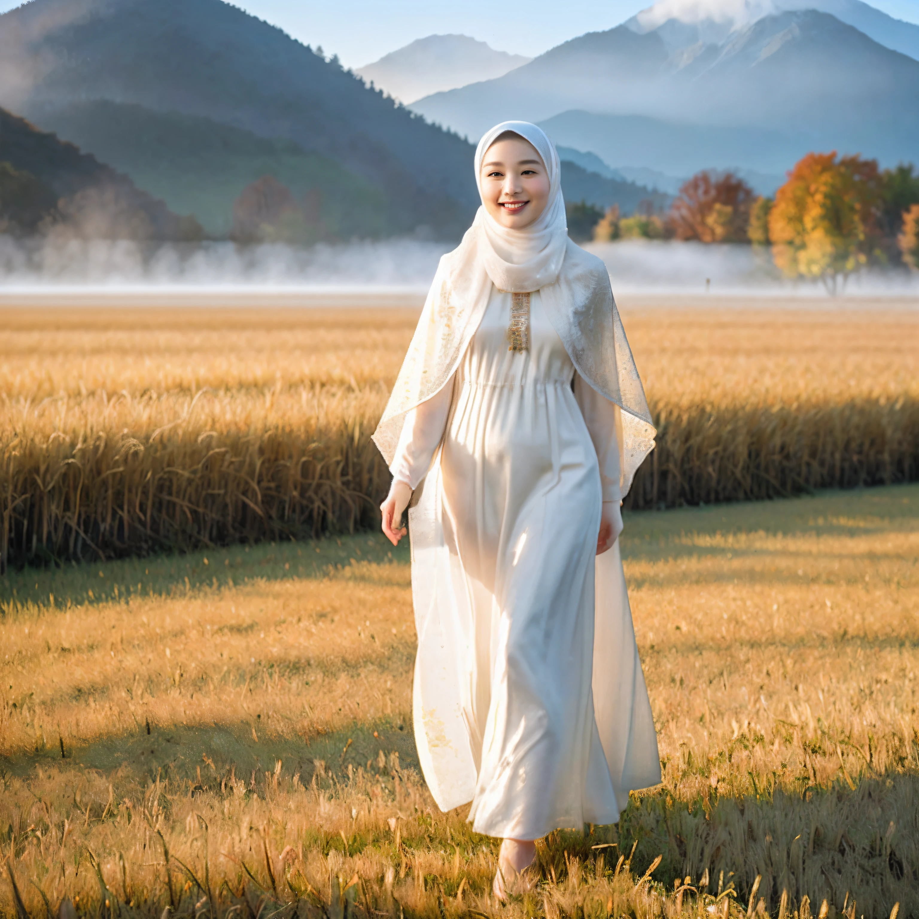 (RAW photo, best quality), (realistic, photo-realistic:1.3), 1 girl, solo girl, full body photo, extremely delicate and beautiful, Amazing, finely detail, masterpiece, ultra-detailed, highres,(best illustration), (best shadow),intricate,depth of filed, On a summer afternoon, a lovely red female muslim dress with tunic,white pashmina hijabs, hijab, In the golden hues of autumn rice field with a mountain view, creating a soothing sound, shine eyes, immersing smile in harmony with nature, No hair seen,(blurry background:1.4), sharp focus, volumetric fog, 8k UHD, high quality, (film grain:1.4), apertur f/1.4,