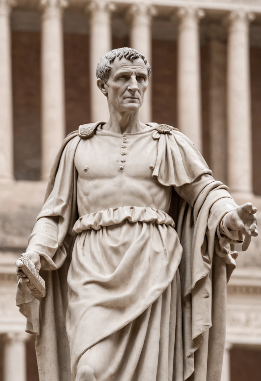 Julius Caesar delivering a passionate speech in the Roman Senate, surrounded by senators.