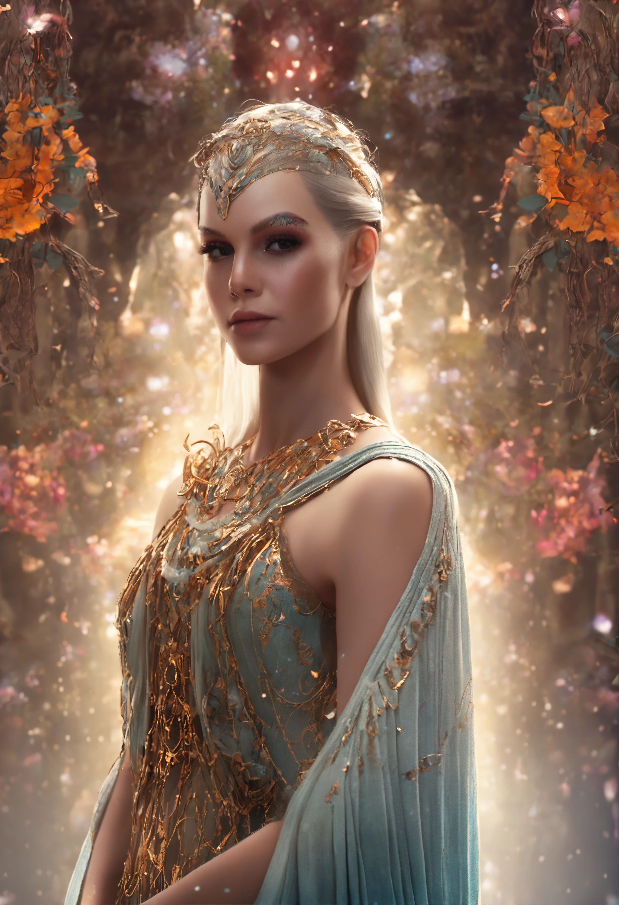 "Hadas，fantasy，exquisitodetalles，Luz y sombra brillantes，Fantastic image quality，colores brillantes，Soft lighting，A beautiful and solemn elven woman，Cabello largo y suelto，Ojos brillantes y puros，Vestido con hermosos trajes，Delicado como una cinta，postura elegante，Es como pisar una pintura a tinta，In the background is the blue of the sky，Flowers and elegant trees dot the mountains，Baila en la suave brisa。"