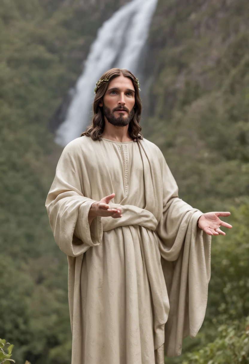 image of Jesus Christ realistically dressed humbly and with a countenance of compassion and welcoming look on top of a mountain with the image closest to him , imagem realista humana real