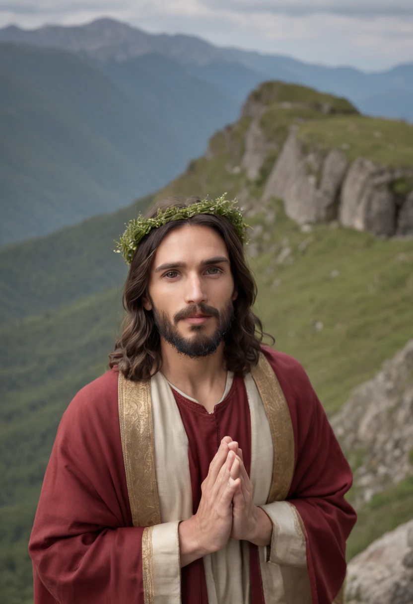 image of Jesus Christ realistically dressed humbly and with a countenance of compassion and welcoming look on top of a mountain with the image closest to him , imagem realista humana real