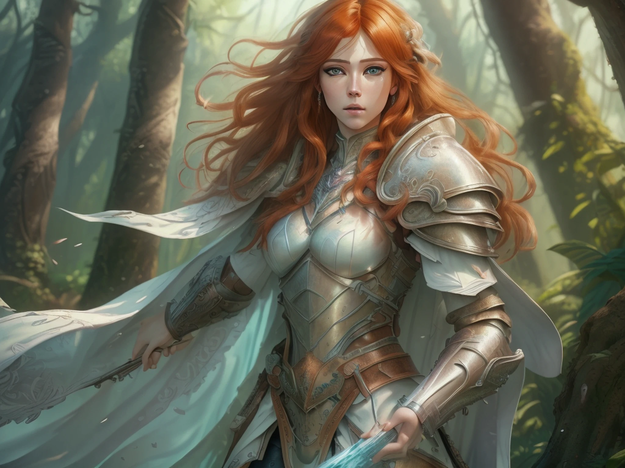 a picture of woman paladin of nature protecting the forest, controlling magical plants, tanjoreai, a woman holy knight, protector of nature, red hair, long hair, full body (best details, Masterpiece, best quality :1.5), ultra detailed face (best details, Masterpiece, best quality :1.5), ultra feminine (best details, Masterpiece, best quality :1.5), red hair, long hair, braided hair, pale skin, blue eyes, intense eyes, wearying heavy armor, white armor (best details, Masterpiece, best quality :1.5), green cloak, flowing cloak, armed with a sword, glowing sword, fantasy forest background, D&D art, RPG art, magical atmosphere magic-fantasy-forest, ultra best realistic, best details, best quality, 16k, [ultra detailed], masterpiece, best quality, (extremely detailed), ultra wide shot, photorealism, depth of field, hyper realistic painting