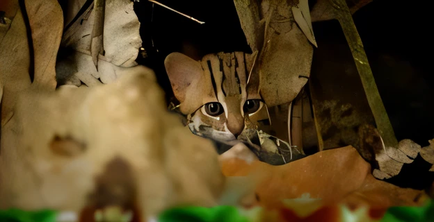 There is a cat hiding in the leaves, Sand Cat, margay, Cat in the forest, Shelter under the leaves, Someone, hiding, tabaxi male, ohwx, tabaxi, curious, Erin Hunter, hybrid of mouse and cat, catss, Curiosity, cat photo, ohwx, SLR, r/ohwx, a cute little cat