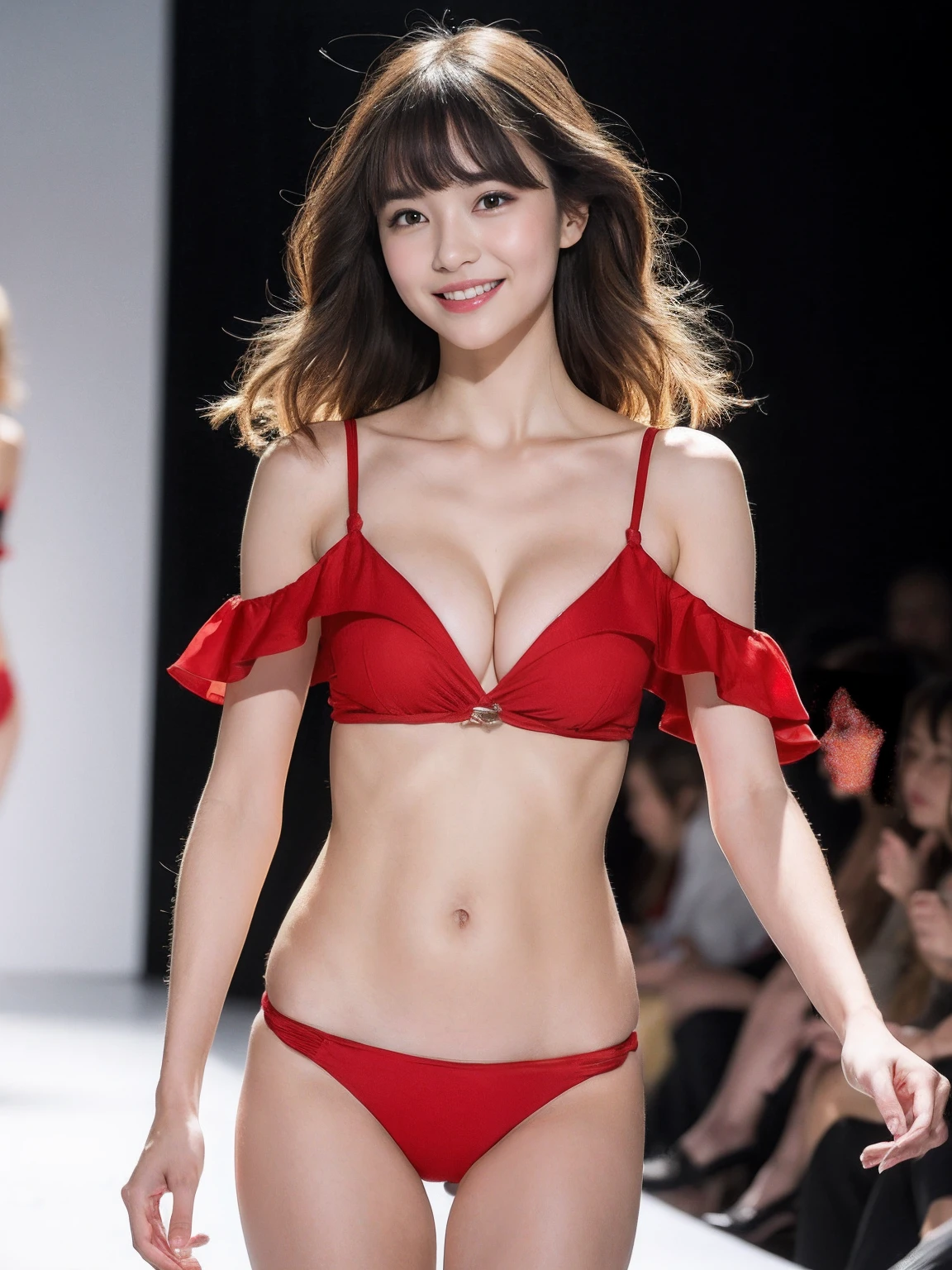 (Masterpiece:1.3), (8k, Photorealistic, RAW Photography, Best Quality: 1.4), (((1girl:1.3))), A pretty woman with perfect figure :1.4, Cute face, Beautiful Face, (Realistic Face), Beautiful Hairstyle, Realistic Eyes, Beautiful Details, (Realistic Skin), Beautiful Skin, Attractive, Ultra High Definition, Ultra Realistic, Very Detailed, (small breasts:1.3), (cleavage:0.8), Japanese walking the runway at a fashion show, semi-long curly hair, bangs, (Brown hair, small breasts:1.3), ((slim figure:1.2)), Small buttocks, ((off shoulder micro red bikini)), (narrow areola, small areola), (perfectly shaped ), (Small and beautiful ), poses of fashion models, gentle smile