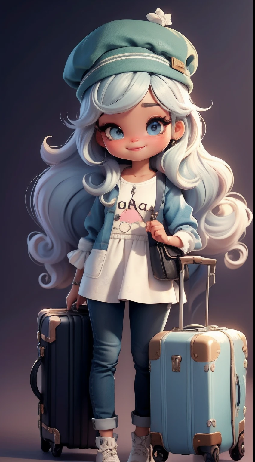 Create a series of cute black baby chibi style dolls with a cute travel theme, each with lots of detail and in an 8K resolution. All dolls should follow the same solid background pattern and be complete in the image, mostrando o (corpo inteiro, incluindo as pernas: 1.5)
Boneca Mini viajante: Chame-a de Marina. Ela deve ter cabelo pequeno em tom multicolorido. Seus olhos devem ser grandes e expressivos, with long eyelashes and rosy cheeks. Sorriso delicado e branco. Marina deve estar vestida de vestido, sun glasses, Uma camisa, Camiseta, trousers and an ornate hat. She must carry travel accessories and a suitcase. Certifique-se de adicionar detalhes nas roupas, such as buttons and pockets, sapato bonito
Certifique-se de adicionar sombras, texturas e detalhes nos cabelos, roupas, Travel utensils, to make them even more adorable and charming.