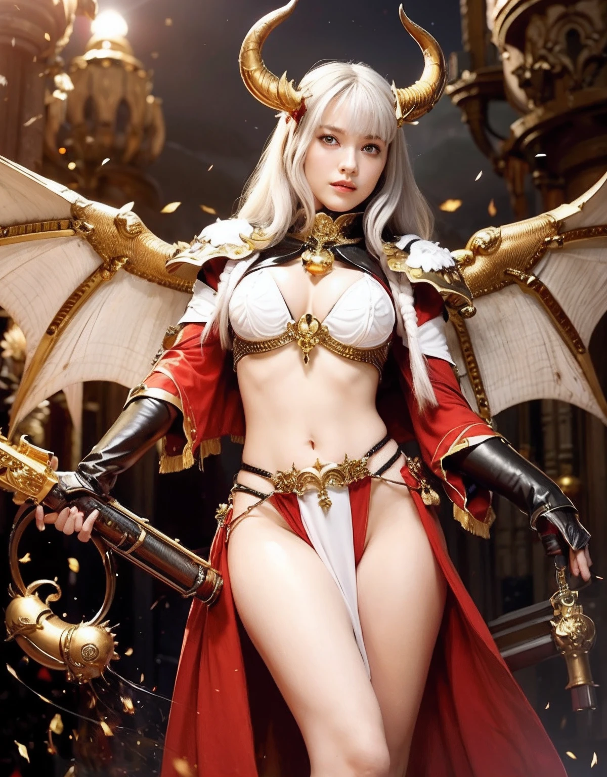 Professional , masterpiece、top-quality、photos realistic , depth of fields 、(White bikini armor)、(Particles of light)、Jewel Gold Weapon、Particles of light),Gorgeous gold weapons ,(( Gorgeous Dragon Sword)) , (Hold the Devil's Hand),,(maikurobikini) 、((White hair))、(Castle background)、(demonic wings)、((Gangle's forest background))、Beautiful Caucasian beauty、1a person、dynamic ungle,(((Two devil's horns on the head)))、Smaller head、Idle Smile、Thin and beautiful female hands、Mystical expression、Light Effects、intense fighting、Wind-effect、magic circles、With the legendary magic wand、Dragon's tail、