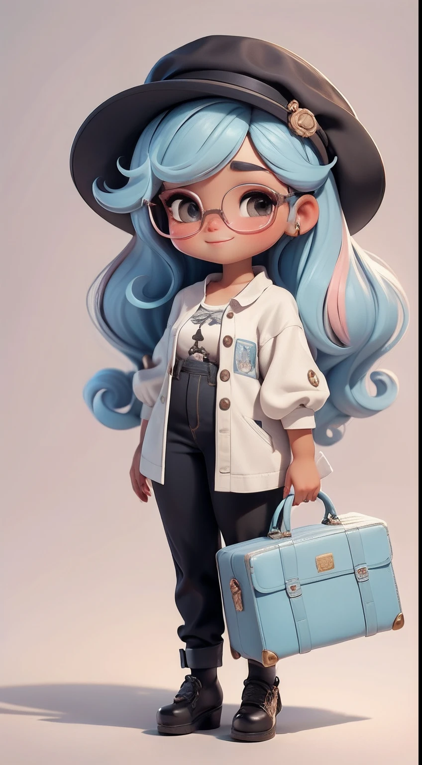 Create a series of cute black baby chibi style dolls with a cute travel theme, each with lots of detail and in an 8K resolution. All dolls should follow the same solid background pattern and be complete in the image, mostrando o (corpo inteiro, incluindo as pernas: 1.5)
Boneca Mini viajante: Chame-a de Marina. Ela deve ter cabelo pequeno em tom multicolorido. Seus olhos devem ser grandes e expressivos, with long eyelashes and rosy cheeks. Sorriso delicado e branco. Marina deve estar vestida de vestido, sun glasses, Uma camisa, Camiseta, trousers and an ornate hat. She must carry travel accessories and a suitcase. Certifique-se de adicionar detalhes nas roupas, such as buttons and pockets, sapato bonito
Certifique-se de adicionar sombras, texturas e detalhes nos cabelos, roupas, Travel utensils, to make them even more adorable and charming.