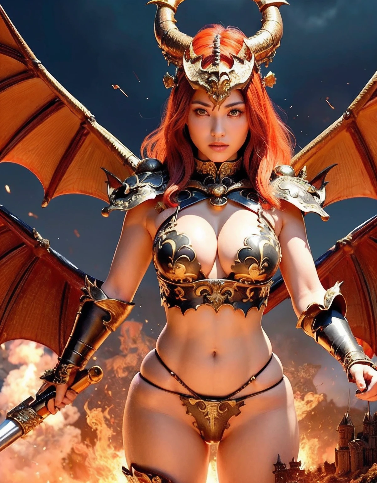 Professional , masterpiece、top-quality、photos realistic , depth of fields 、(Dragon Red Metal Body:1.9),(Enamel orange、(cleavage of the breast)、Dragon Gold Weapon、(Red Micro Bikini Armor:1.4),Gorgeous gold weapons ,(Demon Beast),(( Dragon's dense and gorgeous sword)) , (demonic wings)、((a blond))、(Castle background)、((Gangle's forest background))、((Fight dragons))、Beautiful Caucasian beauty、1a person、dynamic ungle,(((Detailed and ornate dragon helmet)))、Smaller head、A smile、Castle background、Thin and beautiful female hands、cleavage of the breast、Soldier in iron armor on background、Mystical expression、Light Effects、intense fighting、Wind-effect、magic circles、With the legendary magic wand、Dragon's tail、explosions、Anatomically correct body、