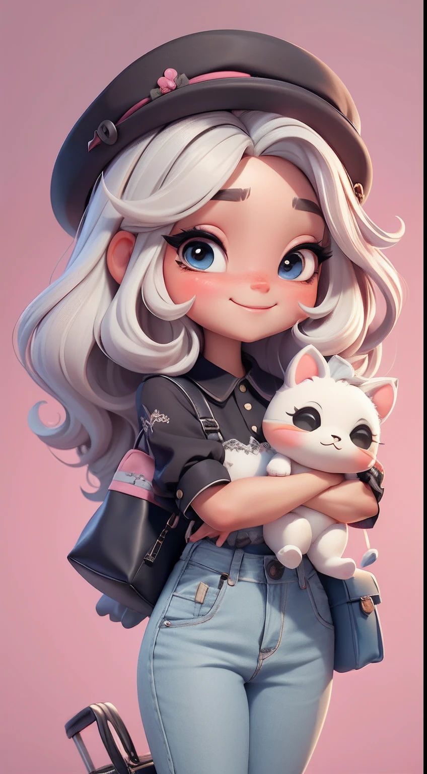 Create a series of cute black chibi style dolls with a cute travel theme, each with lots of detail and in an 8K resolution. All dolls should follow the same solid background pattern and be complete in the image, mostrando o (corpo inteiro, incluindo as pernas: 1.5)
Boneca Mini viajante: Chame-a de Marina. Ela deve ter cabelo pequeno em tom multicolorido. Seus olhos devem ser grandes e expressivos, with long eyelashes and rosy cheeks. Sorriso delicado e branco. Marina deve estar vestida de vestido, sun glasses, Uma camisa, Camiseta, pants and an ornate hat. She must carry travel accessories and a suitcase. Certifique-se de adicionar detalhes nas roupas, such as buttons and pockets, sapato bonito
Certifique-se de adicionar sombras, texturas e detalhes nos cabelos, roupas, Travel utensils, to make them even more adorable and charming.