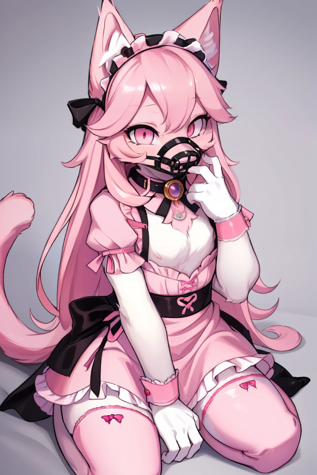 Master piece, perfect, highly detailed, (little hibryd anthro cat femboy), fluffy pink fur, ((pink eyes)), ((1))fluffy cat tail, pink long hair, tiny chest, (pink cat ears), wearing a pink collar, pink maid dress, silk white gloves, silk white thighhigh socks, wearing a pink muzzle, truemuzzle, eyesgod, niji, eyesgod, niji,