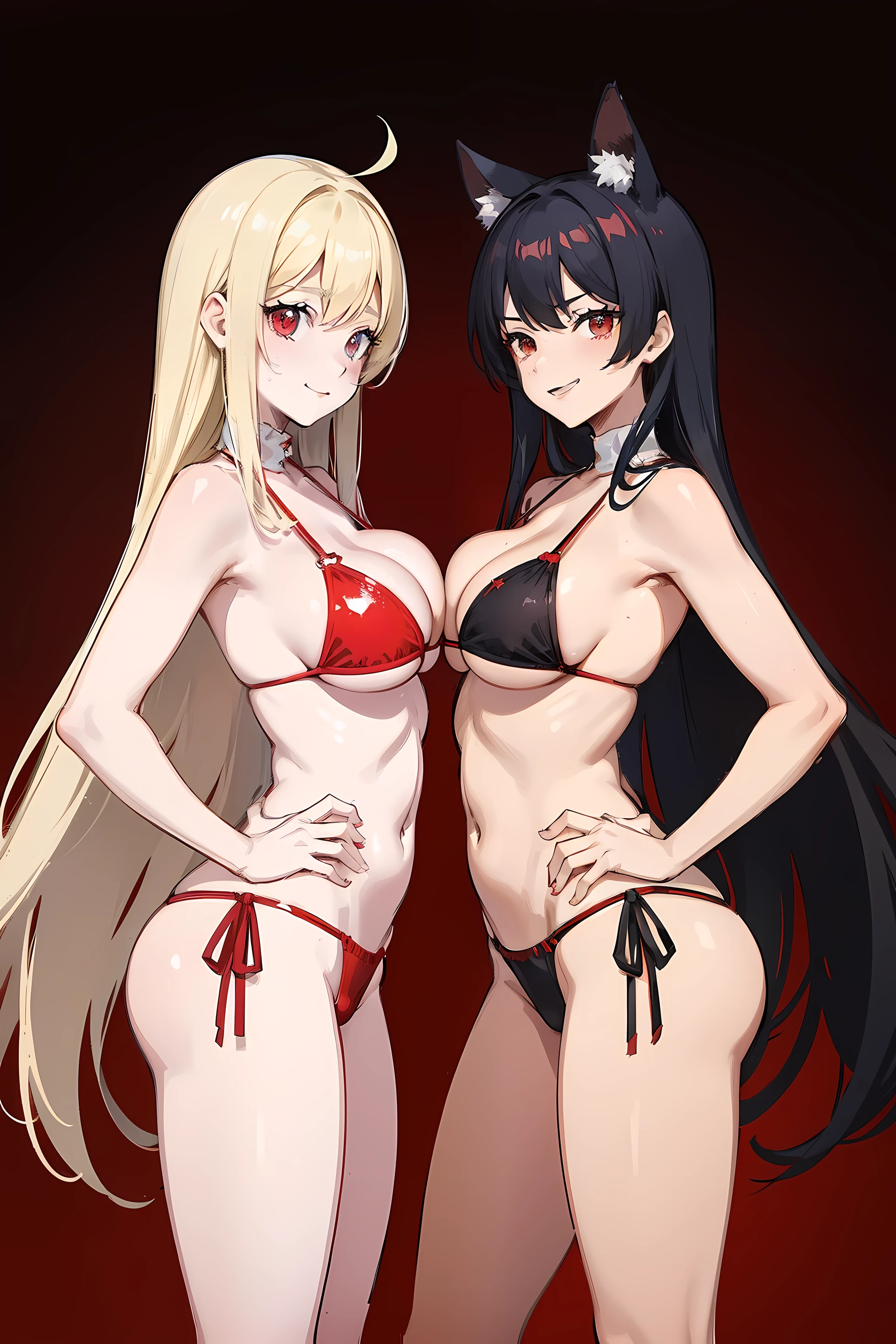they are two women standing next to each other in front of a red wall, with red haze and a massive grin, sexy bikini outfit, anime, sexy