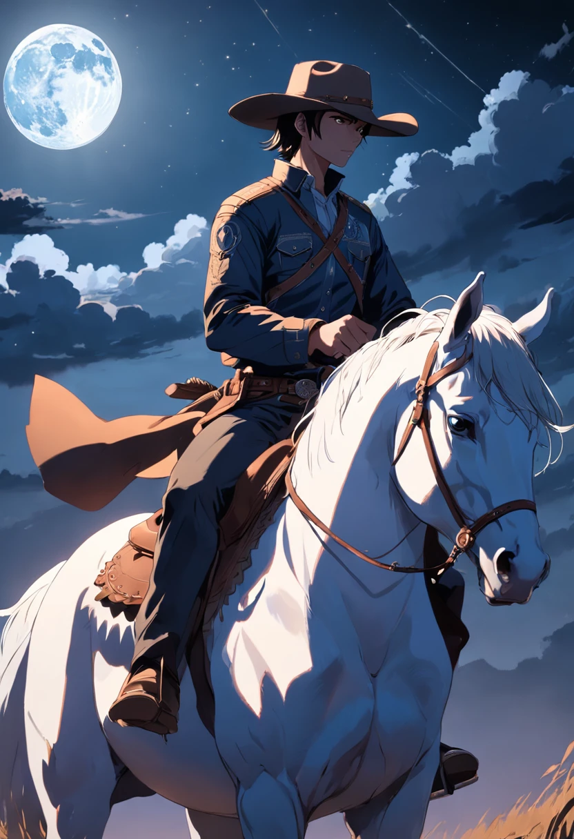 There is a man on a horse in front of a full moon, Andar a cavalo na lua, Vaqueiro, Cowboy na Faixa, Foto traseira de um cowboy, No Velho Oeste, O Cowboy no Estranho Oeste, Velho Oeste, Lone guard, sonho de Vaqueiro, quadrinhos ocidentais inspirados, lonely rider, Directed by: Cíntia Wright, space western, Fotografia Moonwalker