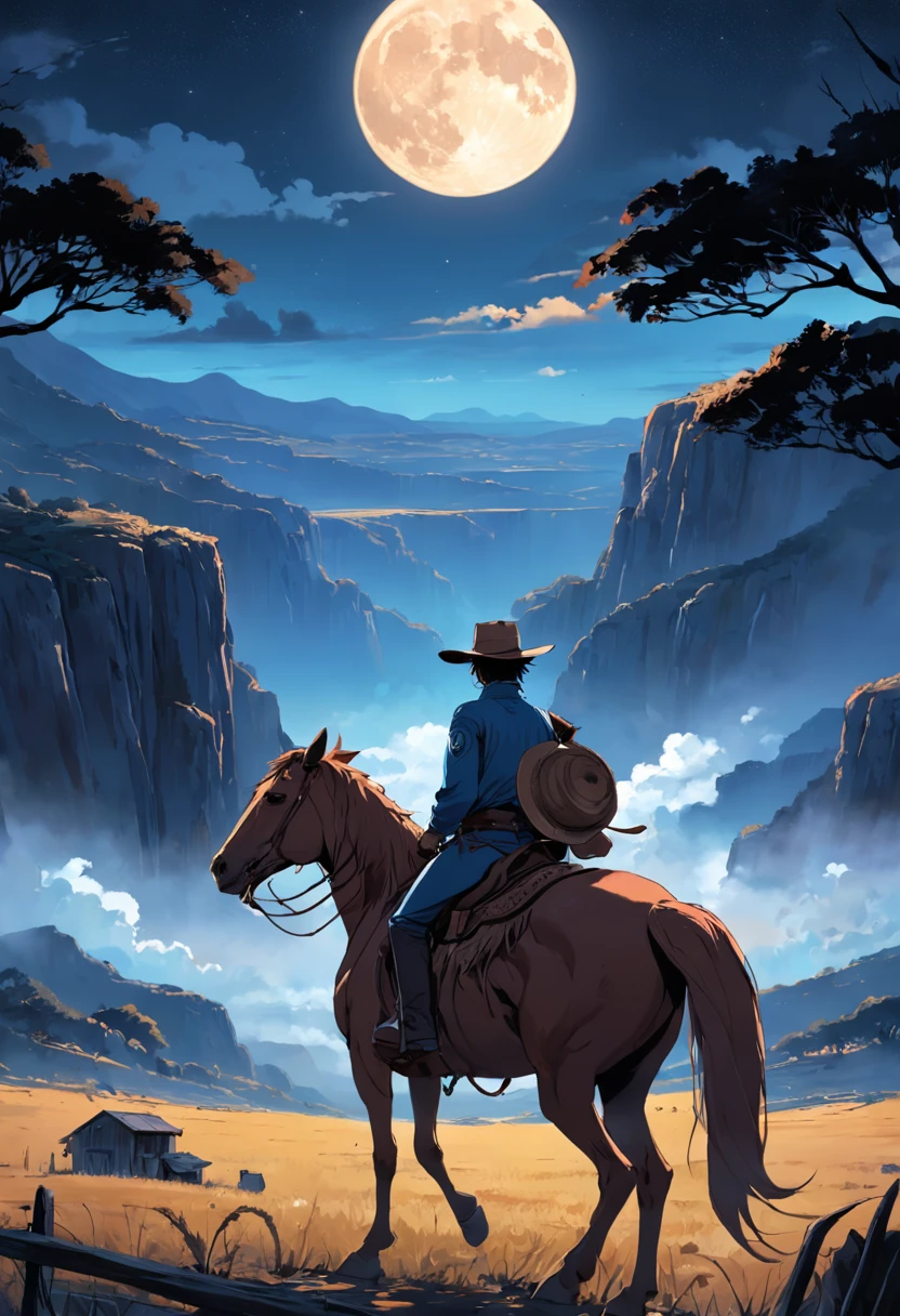 There is a man on a horse in front of a full moon, Andar a cavalo na lua, Vaqueiro, Cowboy na Faixa, Foto traseira de um cowboy, No Velho Oeste, O Cowboy no Estranho Oeste, Velho Oeste, Lone guard, sonho de Vaqueiro, quadrinhos ocidentais inspirados, lonely rider, Directed by: Cíntia Wright, space western, Fotografia Moonwalker