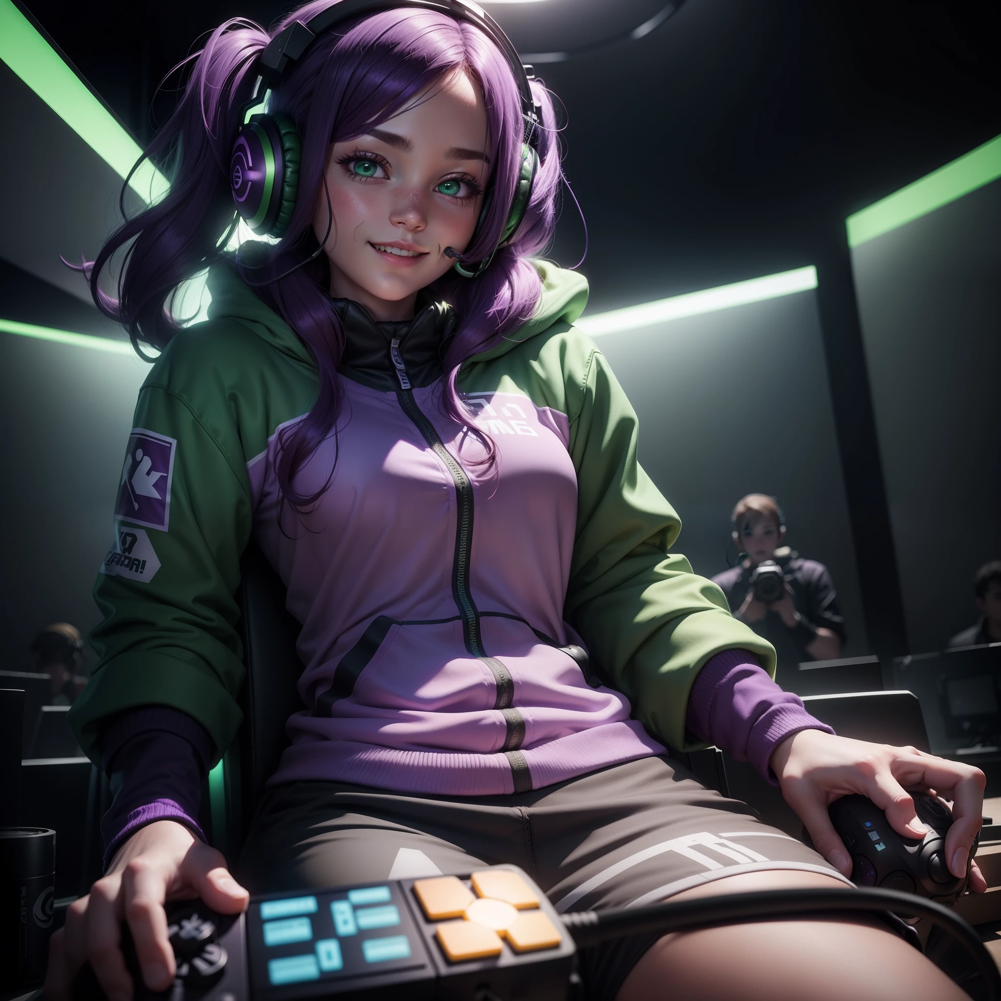Happy Gamer Girl winning a game while wearing headphones and a controller in a dark room with dim purple and green room lighting setup.