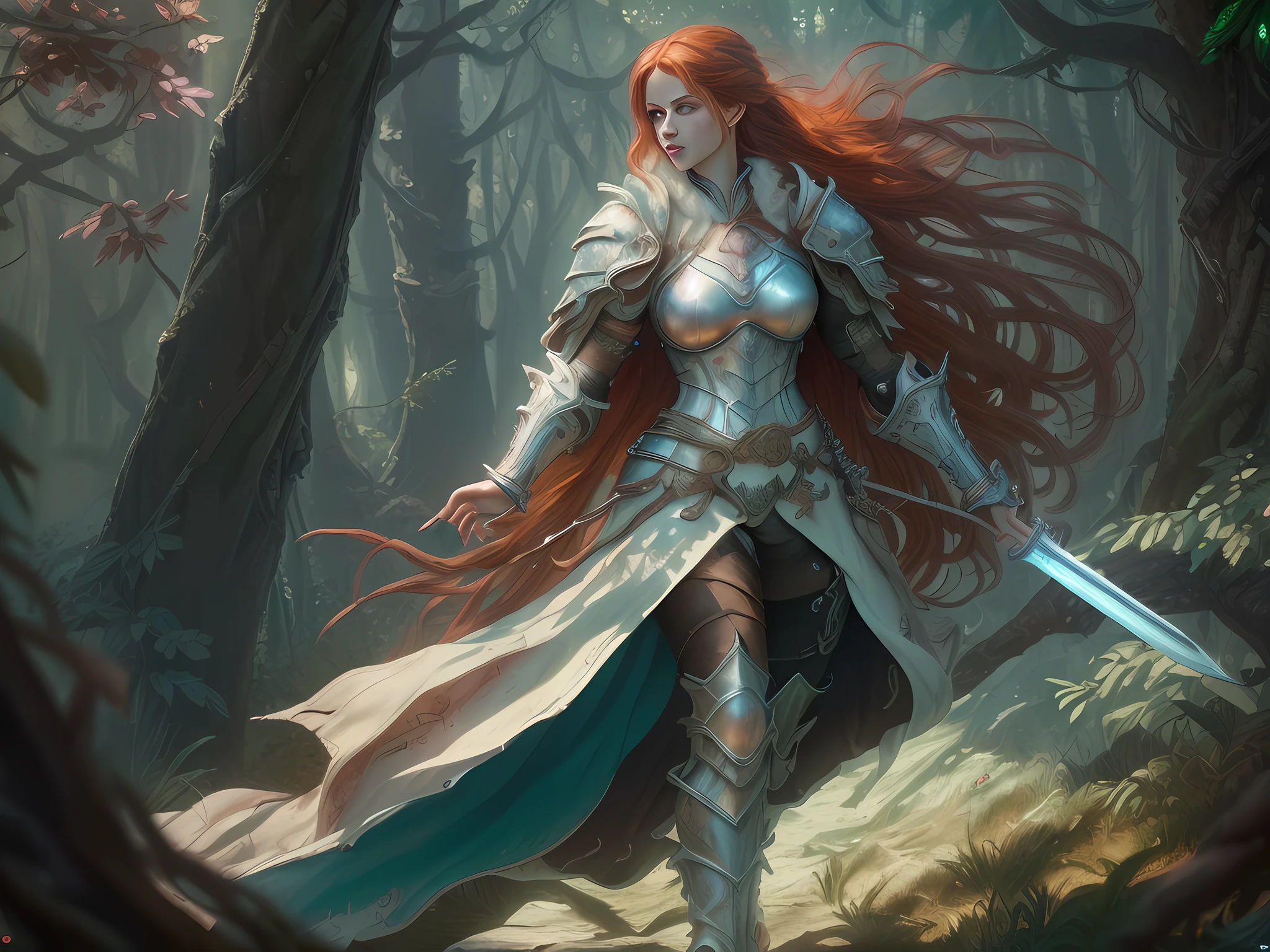 a picture of woman paladin of nature protecting the forest, controlling magical plants, tanjoreai, a woman holy knight, protector of nature, red hair, long hair, full body (best details, Masterpiece, best quality :1.5), ultra detailed face (best details, Masterpiece, best quality :1.5), ultra feminine (best details, Masterpiece, best quality :1.5), red hair, long hair, braided hair, pale skin, blue eyes, intense eyes, wearying heavy armor, white armor (best details, Masterpiece, best quality :1.5), green cloak, flowing cloak, armed with a sword, glowing sword, fantasy forest background, D&D art, RPG art, magical atmosphere magic-fantasy-forest, ultra best realistic, best details, best quality, 16k, [ultra detailed], masterpiece, best quality, (extremely detailed), ultra wide shot, photorealism, depth of field, hyper realistic painting