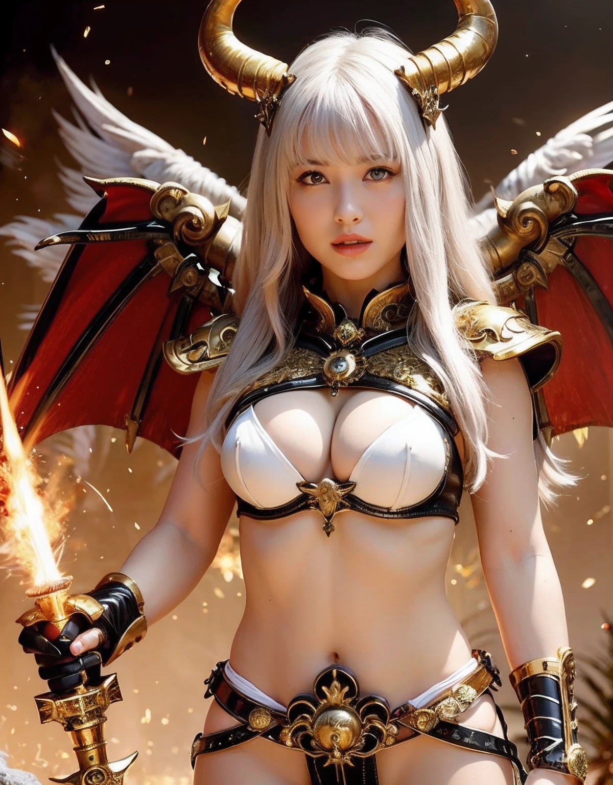 Professional , masterpiece、top-quality、photos realistic , depth of fields 、(White bikini armor)、(Particles of light)、Jewel Gold Weapon、Particles of light),Gorgeous gold weapons ,(( Gorgeous Dragon Sword)) , (Hold the Devil's Hand),,(maikurobikini) 、((White hair))、(Castle background)、(demonic wings)、((Gangle's forest background))、Beautiful Caucasian beauty、1a person、dynamic ungle,(((Two devil's horns on the head)))、Smaller head、Idle Smile、Thin and beautiful female hands、Mystical expression、Light Effects、intense fighting、Wind-effect、magic circles、With the legendary magic wand、Dragon's tail、